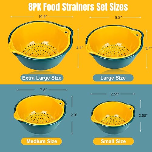 Miniatura 2 de Juego de 8 coladores, coladores de desagüe de plástico, doble capa, apilable, colador desmontable para remojar, lavar, drenar, almacenar verduras,