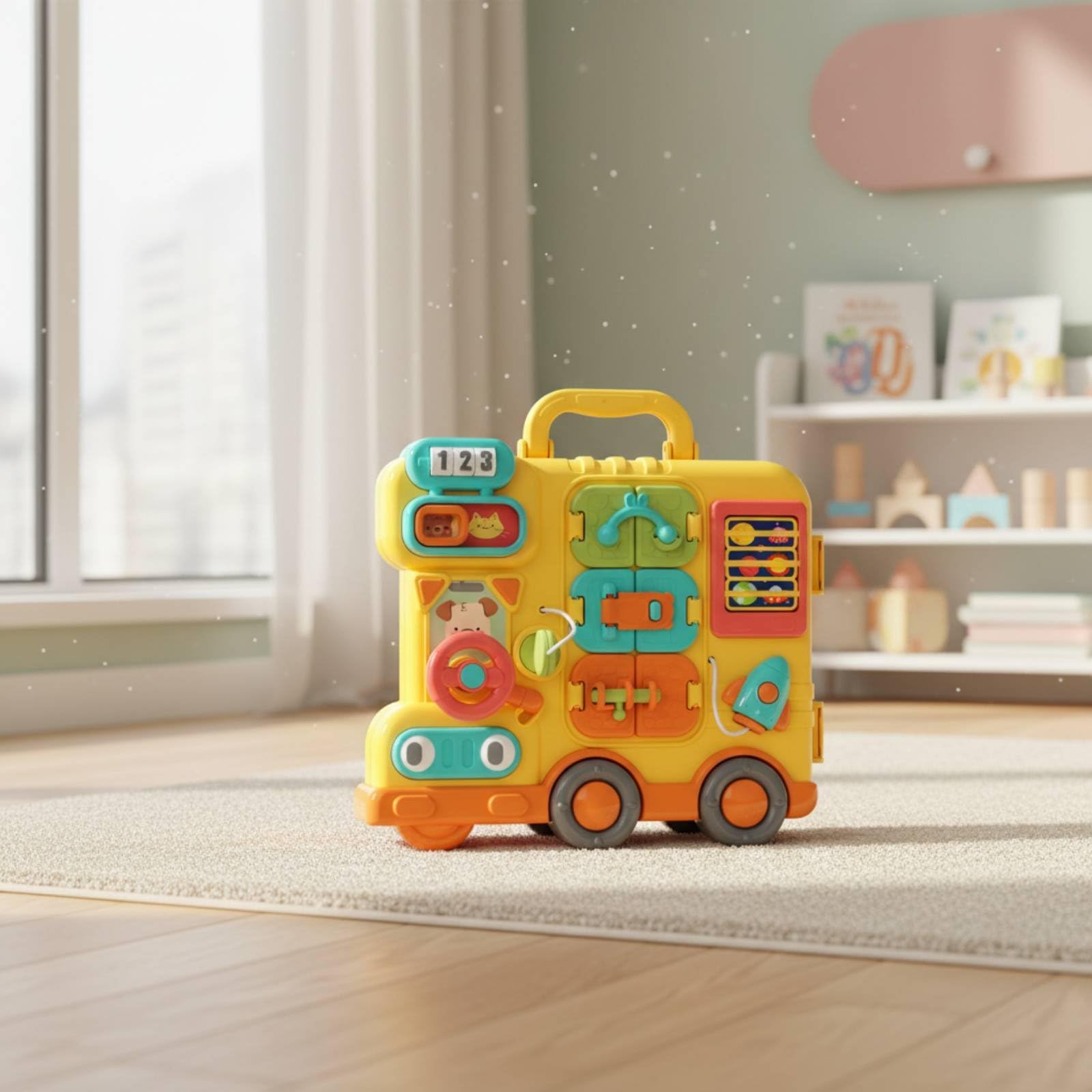 Tablero Tablero Sensorial Tablero de Actividades Tablero Ocupado con Puertas Números y Volante para Coordinación Bus de Actividades Plástico Adecuado, Versión con Pilas En Caja De Regalo
