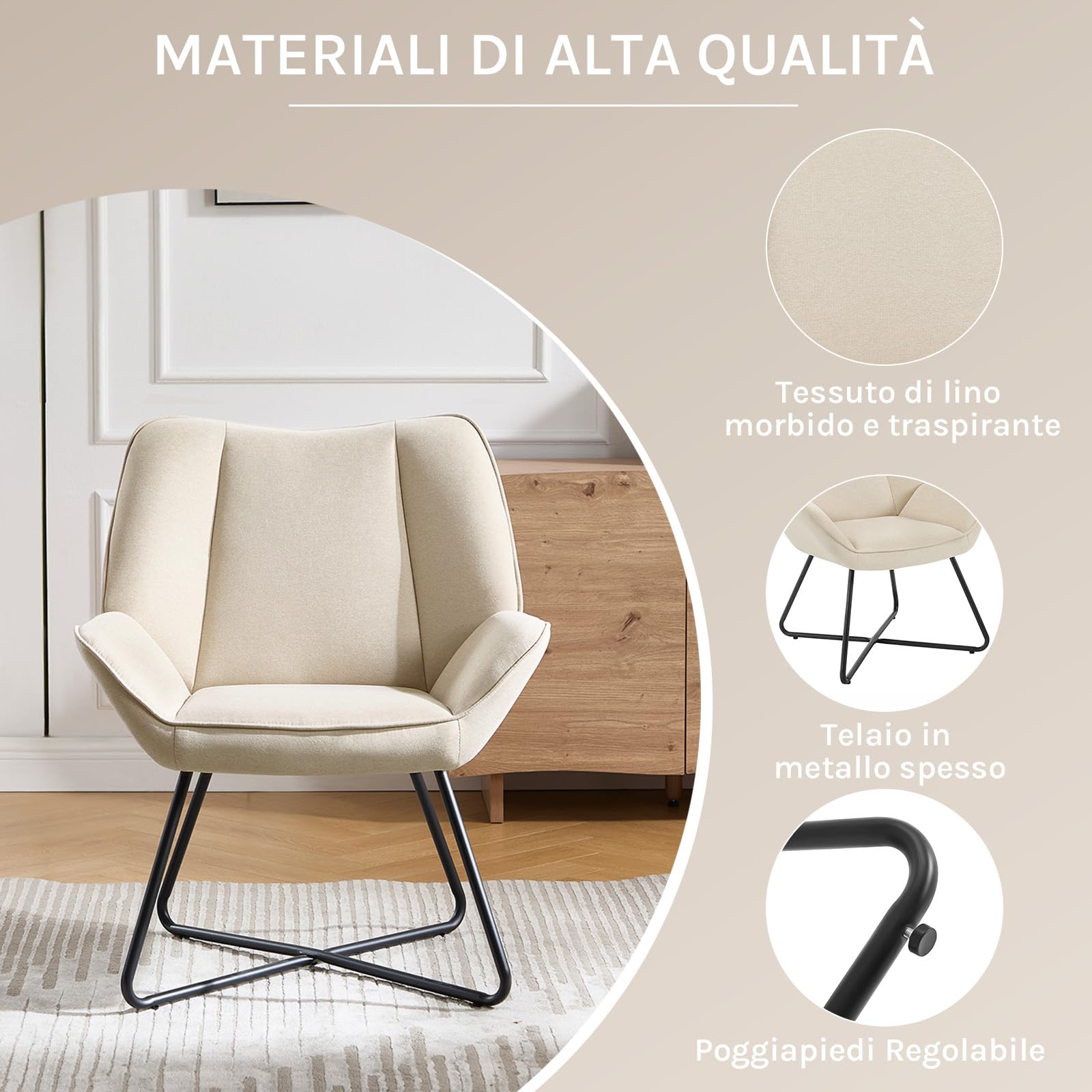 WOLTU Poltroncina Camera da Letto, Poltrone Salotto, Beige | in Lino, con Gambe in Metallo, 70 x 71 x 85 cm, Portata 150 kg