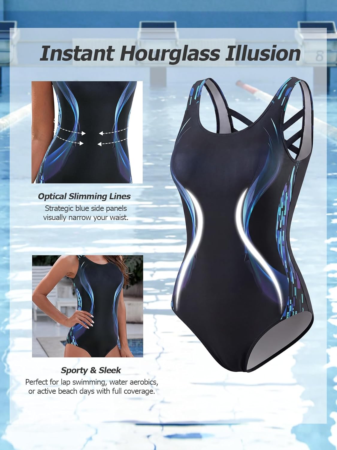 Athletic One Piece Swimsuit Women Modest Criss Cross Back Chlorine Resistant Swimwear with Built-in Bra