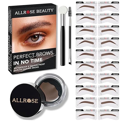 ALLROSE Kit de sellos de cejas y plantillas de cejas, kit de estampado de cejas para cejas tupidas perfectas, 20 plantillas de cejas, kit de trío de
