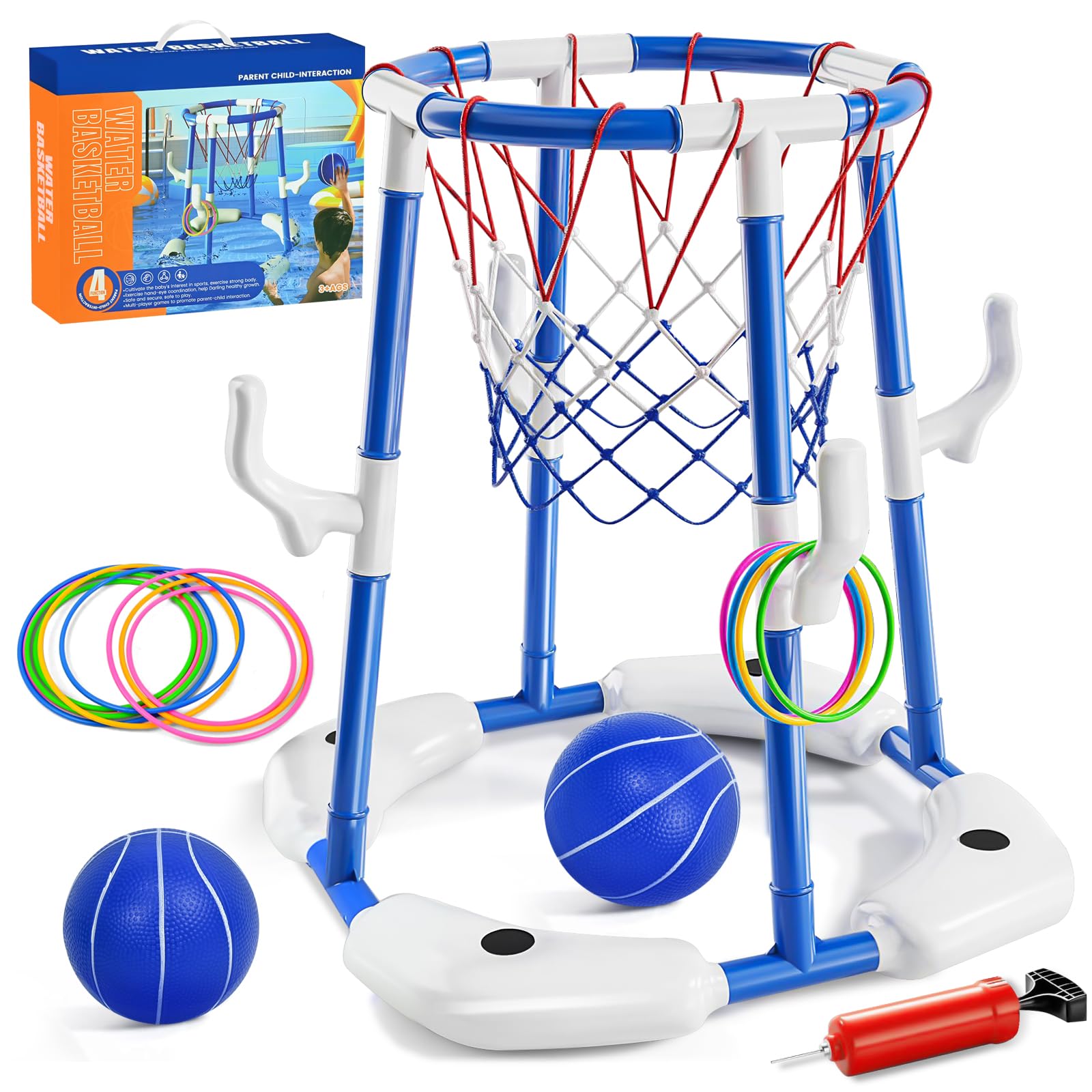 JONRRYIN Canestro da Piscina, 2 in 1 Canestro Galleggiante da Piscina, Giochi Piscina con 2 Palline e 12 Anelli con Pompa, Competizione Sportiva Acquatica, per Bambini e Adulti