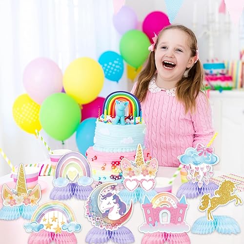 Miniatura 5 de Chilfamy Decoraciones de cumpleaños de unicornio, 9 piezas de centro de mesa de unicornio arcoíris con panal de abeja, decoraciones de mesa para