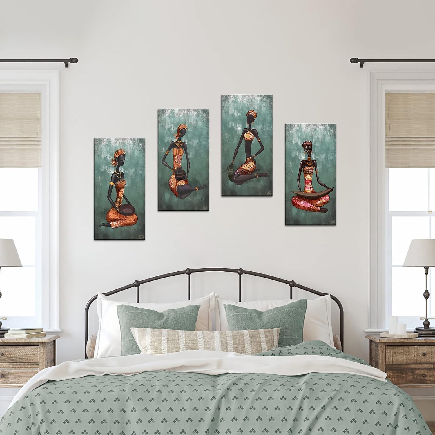 OuElegent African American Wall Art Tribal Black Women Canvas Prints Abstract Retro Black Girls Painting Awtwork for Living Room Bedroom Wall Decor Framed Ready to Hang 4 Pieces