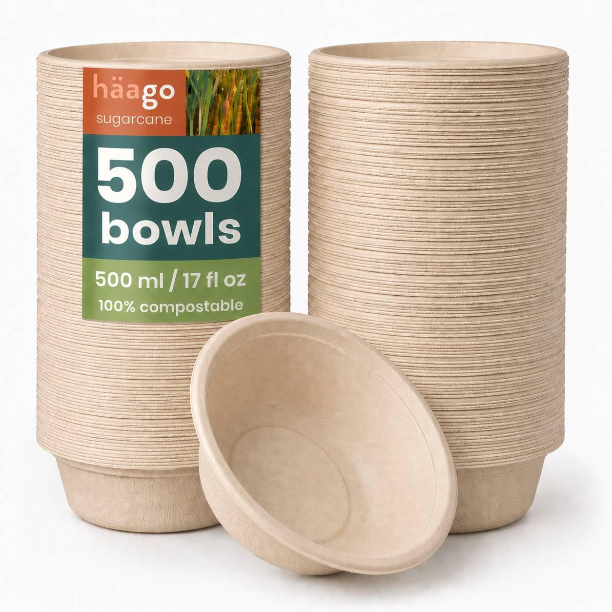 HAAGO 500 Biodegradable Sugarcane Bagasse Bowls, 500ml - Natural Colour Strong Paper Bowls - Leak-Resistant, Compostable & Disposable Eco Party Bowl for Soup & Dessert, Hot & Cold Food