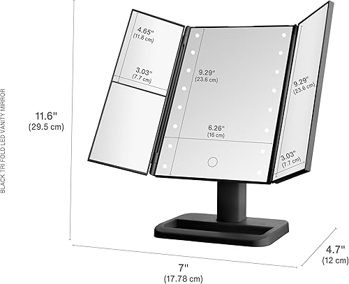 Miniatura 2 de Elements Espejo de tocador LED de tres pliegues, 3 aumentos y luces LED regulables, negro, 7.09 x 4.69 x 11.61 pulgadas