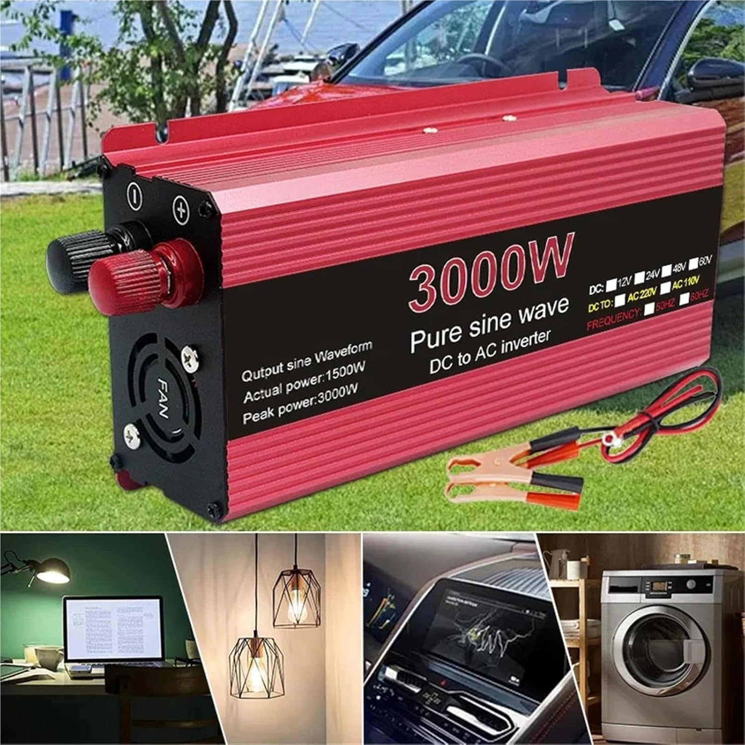 Pure Sine Wave 12V DC to 220V AC Converter 3000W 2200W 1600W 1000W Voltage Regulator 24V Solar Inverter 50Hz 60Hz(2200W,12V,220-224V 60HZ)
