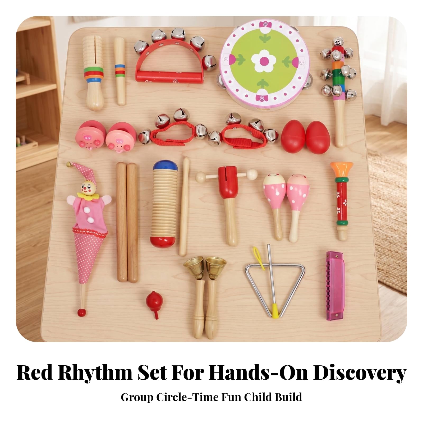 22 Pezzi Set di Strumenti Percussivo | Sviluppo ritmico e Coordinazione, Kit Le per Bambini, educativo, Kit di Strumenti li Percussione, Rosso