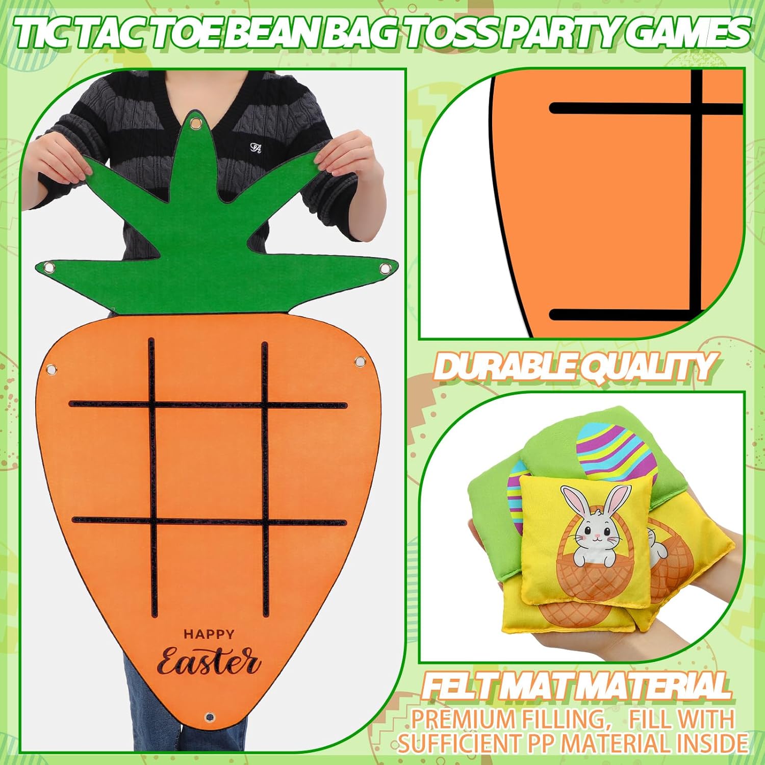 Hollowfly Easter Games Carrot Party Favors Tic Tac Toe Game Bean Bag Toss for Indoor Outdoor Yard Lawn Adults Family Night Easter Activities, 1 Carrot Felt Mat and 10 Bunny Egg Bags