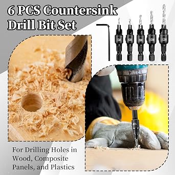 Countersink Drill Bit Set, 5 PCS Quick Change 1/4 inch Hex Shank Countersink Drill Bit, Adjustable Woodworking Countersink Drill Bit with One Hex Wrench, for Wood, Plastic, Composite Panels