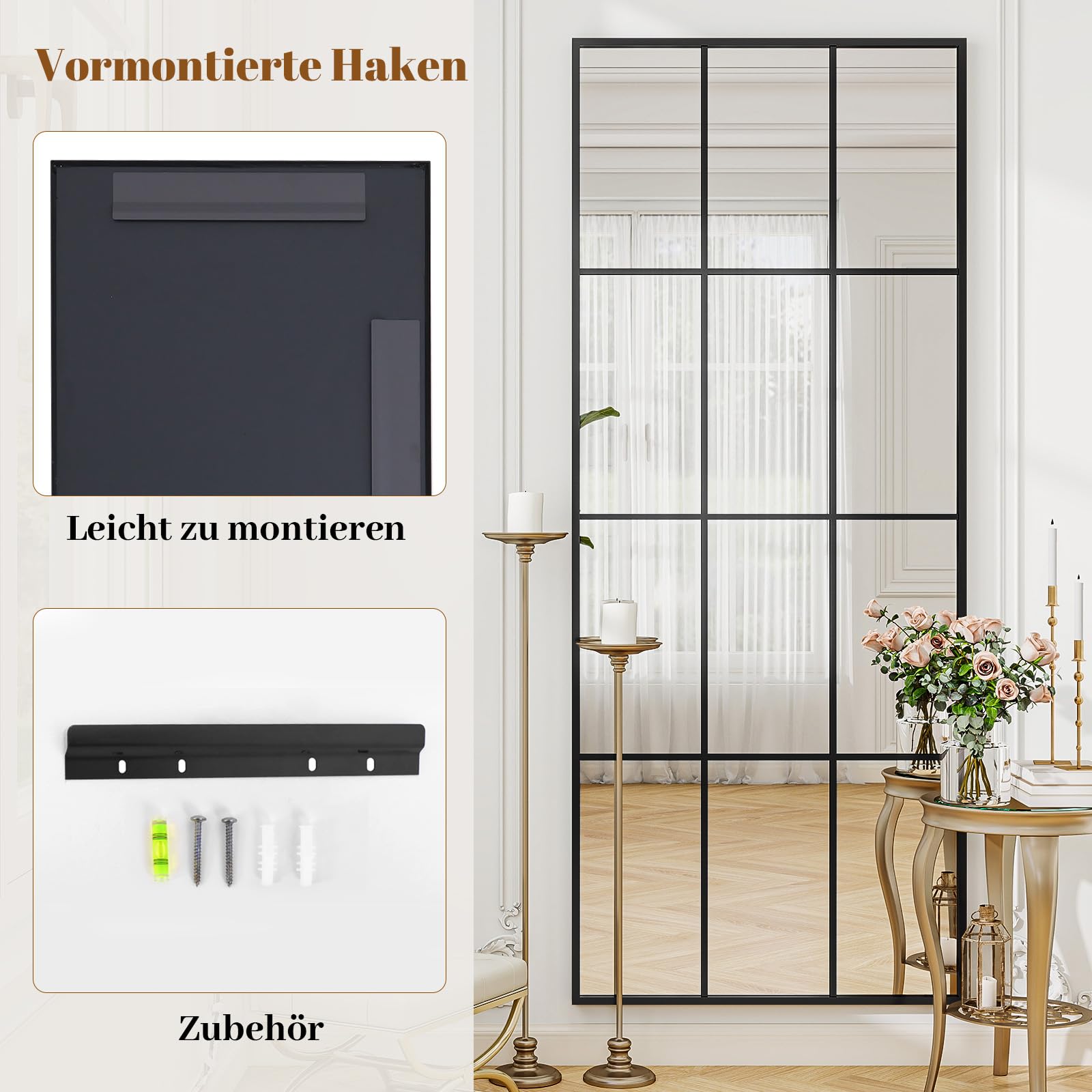 Koonmi 60x165 cm Fensterscheibe Ganzkörperspiegel - rechteckige Raster-Designed Dekorative Vollkörper Wandspiegel mit Metallrahmen hängend Schrägung für den Eingang, Wohnzimmer Dekoration, Schwarz