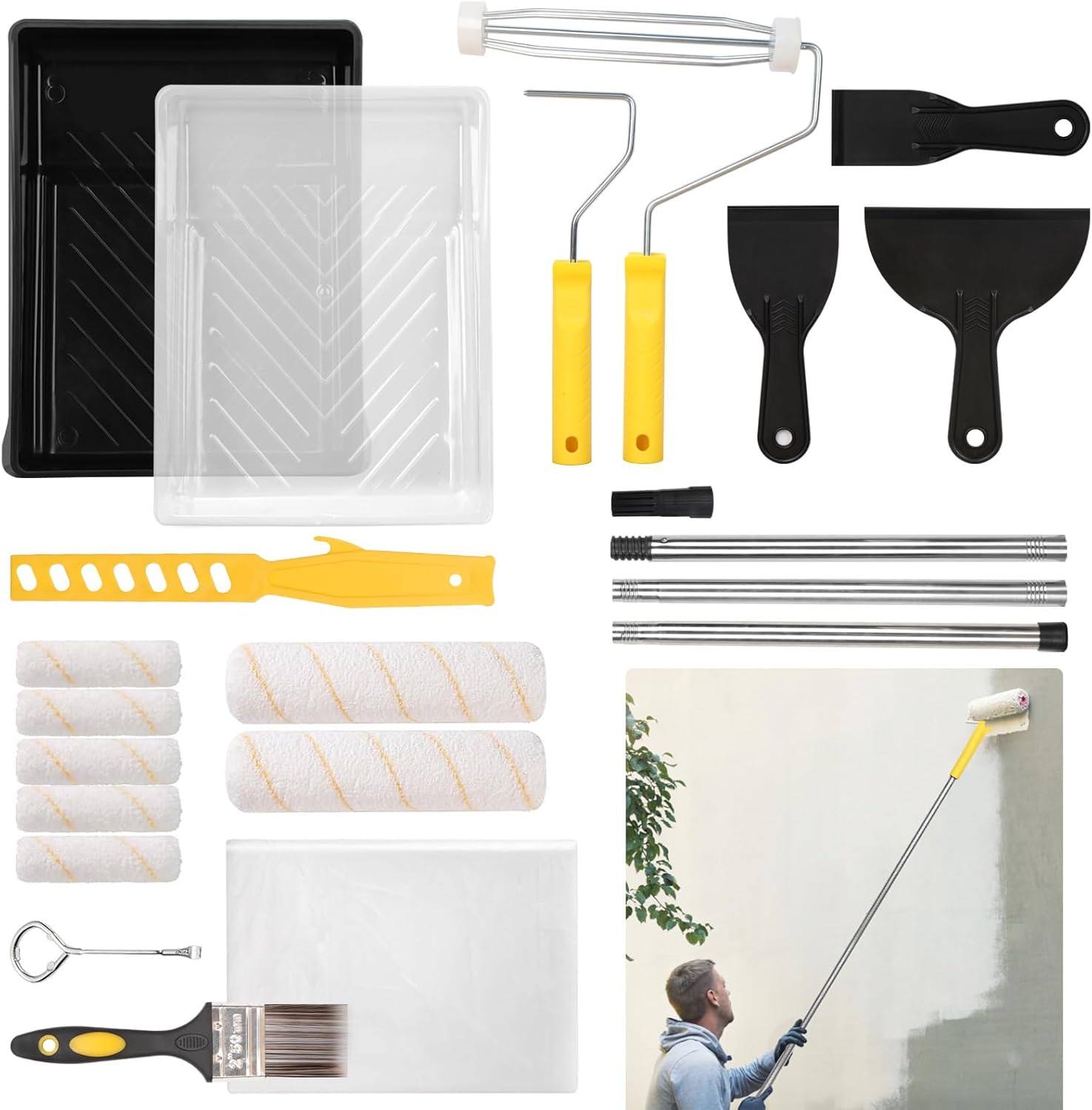 21 Pack Paint Roller Set, 4 Inch and 9 Inch Paint Roller with Frame, Extension Rod, Paint Tray, Flat Paint Brush, Scraper, etc, Professional Painting Supplies for Home Interior