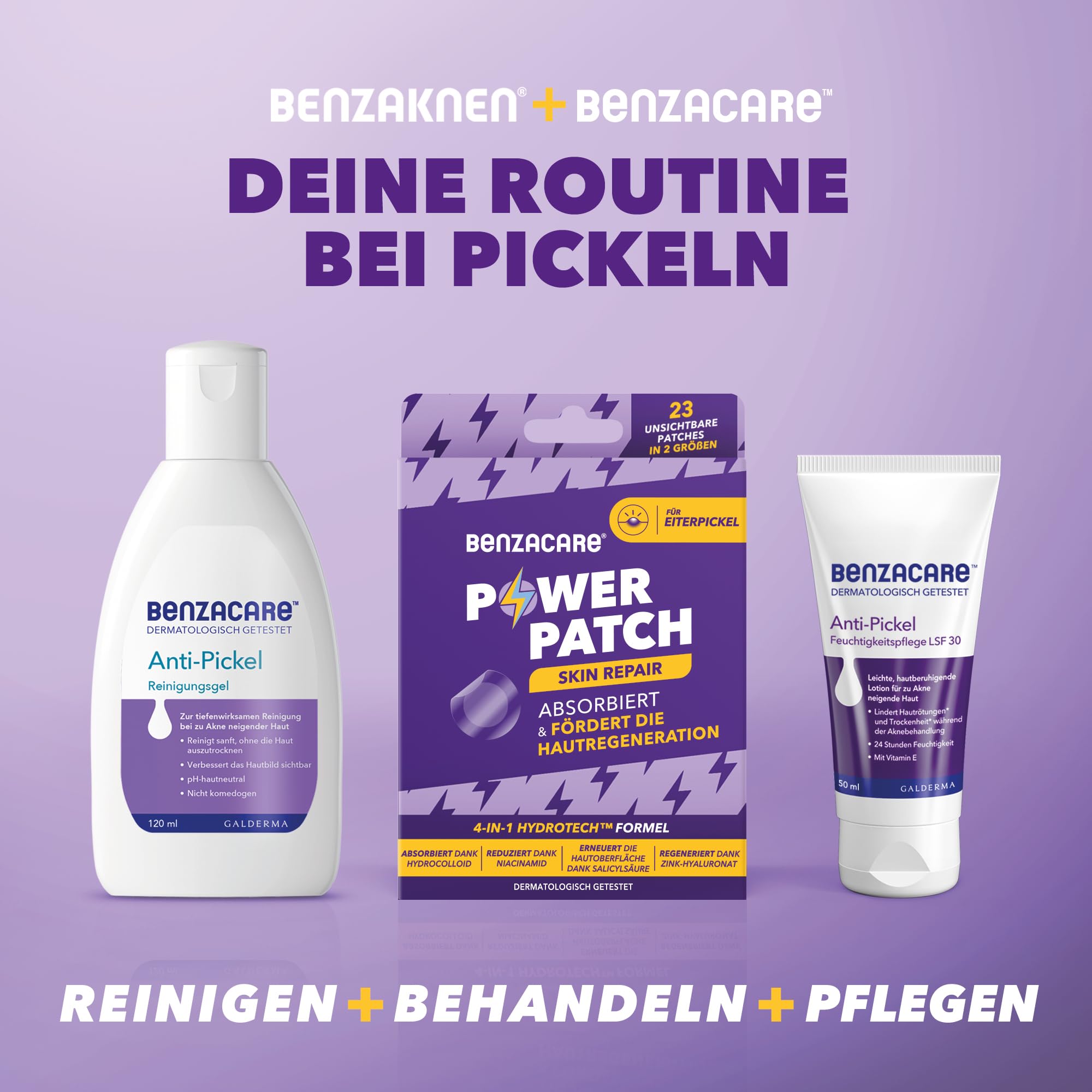 BENZACARE Anti-Pickel Set: Reinigungsgel (120 ml) + Power Patches Skin Repair (23 Stk) + Feuchtigkeitspflege LSF 30 (50 ml) - für zu Pickel neigende Haut, reduziert Rötungen & spendet Feuchtigkeit
