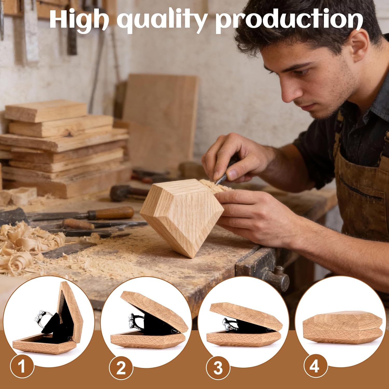 Wood Engagement Ring Box For Proposal Rotating Ring Box Case Wedding Day Jewelry Gift Box Packaging(White Oak, Diamond Shape) - Image 4