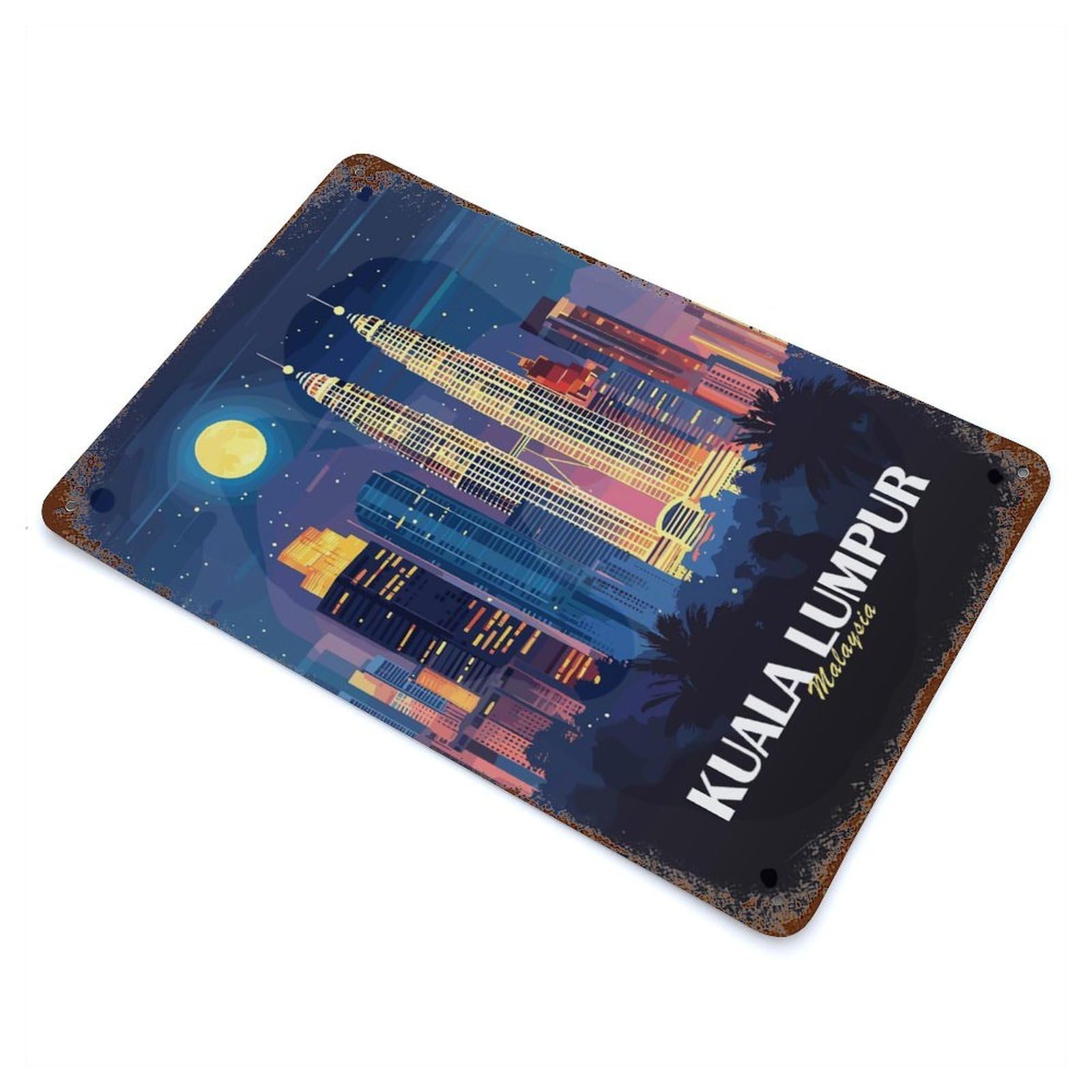 Kuala Lumpur Cityscape at Night Rust Effect Tin Sign 11.8"x7.9", Vintage Wall Decor for Garage, Pub Or Kitchen