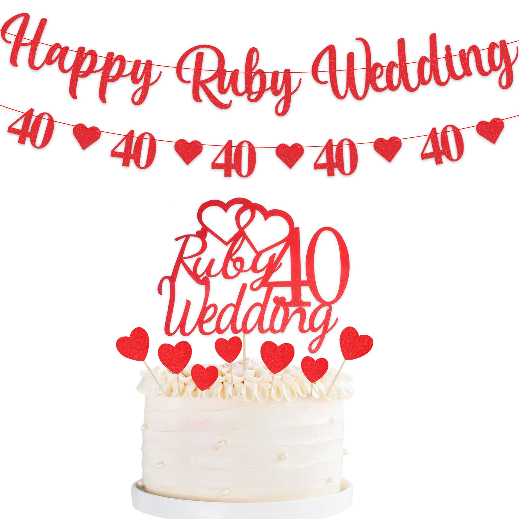 40th Wedding Anniversary Decorations, Happy Ruby Wedding Banner 25Pcs 40th Wedding Cake Toppers 40 Anniversary with Red Heart Bunting Glitter Heart Cake Decoration