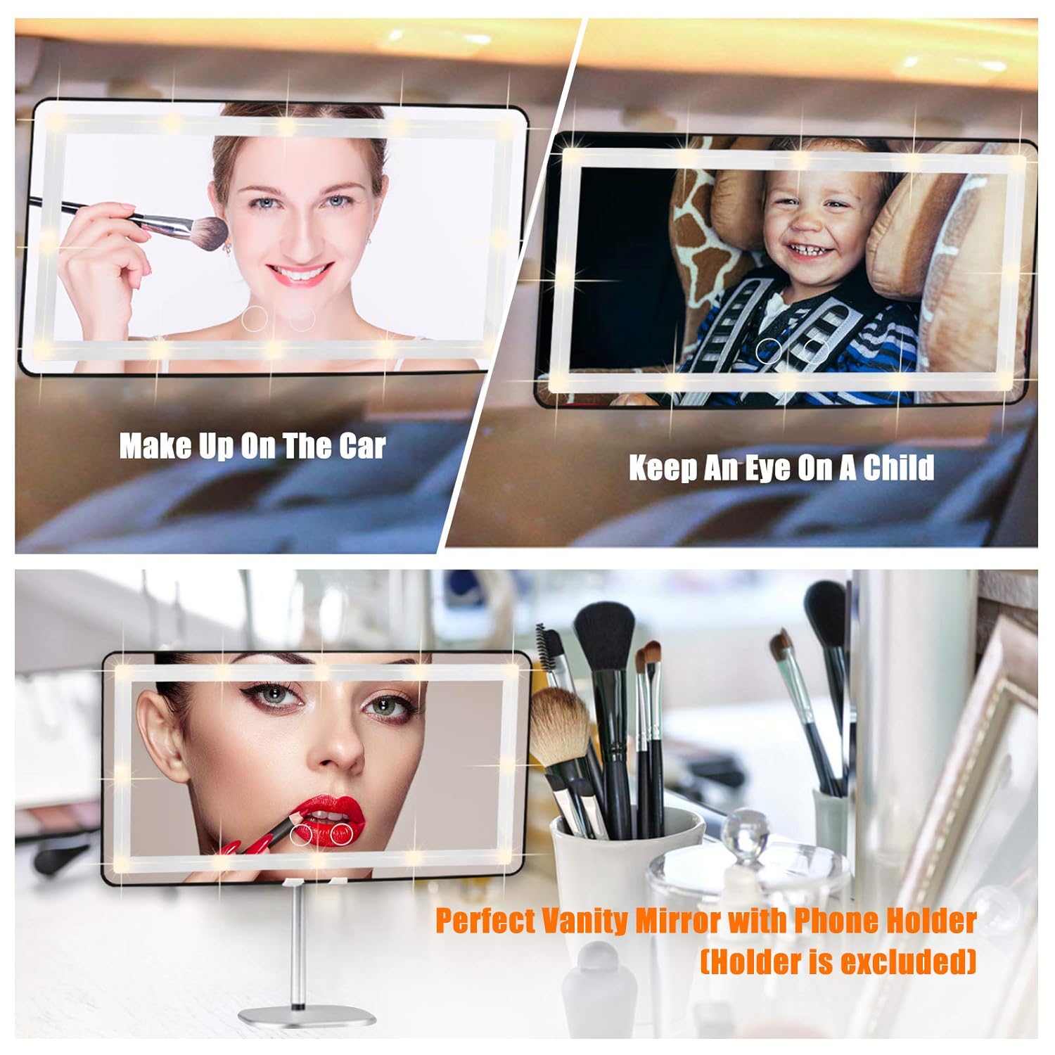 Car Visor Vanity Mirror,Car Makeup Mirror with 60 LED Lights,Car Cosmetic Mirror with Built-in Battery,Rechargeable Touch Screen LED Makeup Travel Mirror,3 Light Mode Dimmable (with Battery, Black) : Beauty & Personal Care