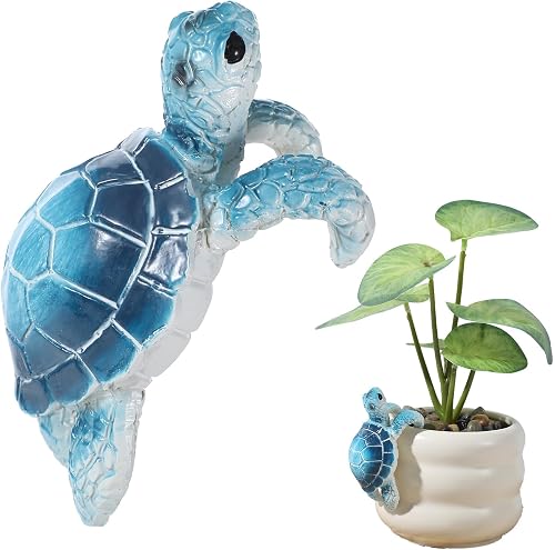 Yolev Turtle Plant Decorations for Pots Blue Climbing Tortoise Figure Plant Pot Hanger Resin Cute Hanging Sea Turtle Statue Planter Pots Decorations for Yard Garden Ornaments Pot Decoration