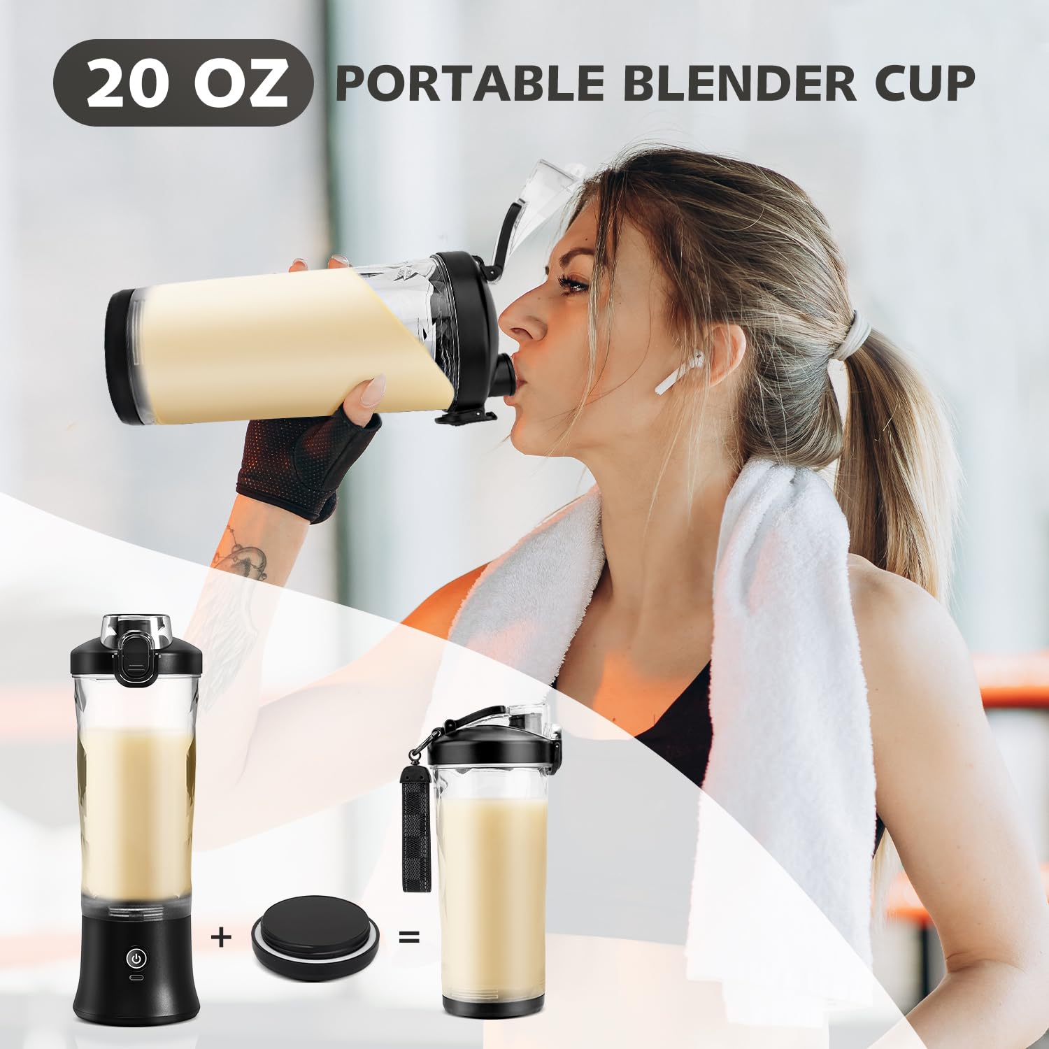 Licuadora portátil para batidos y licuados, exprimidor personal de 20 onzas, botella mezcladora eléctrica de proteínas con funda aislada, recargable USB-C, tapa de viaje, taza pequeña para cocina 6