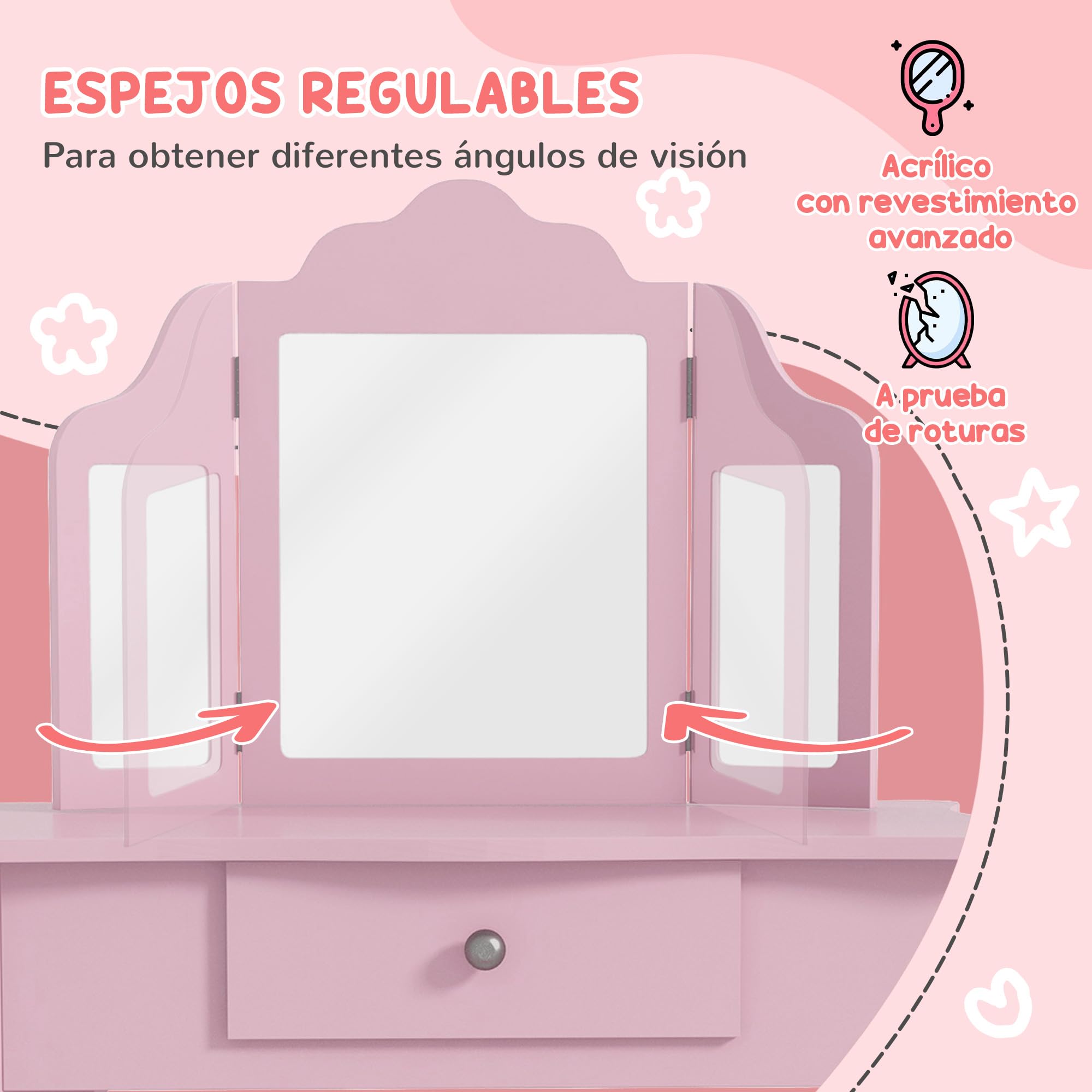 HOMCOM Tocador Infantil con Taburete y Espejo Ajustable, Tocador para Niñas con Cajón, Mesa de Maquillaje para Niños y Niñas de 3-6 Años, Rosa