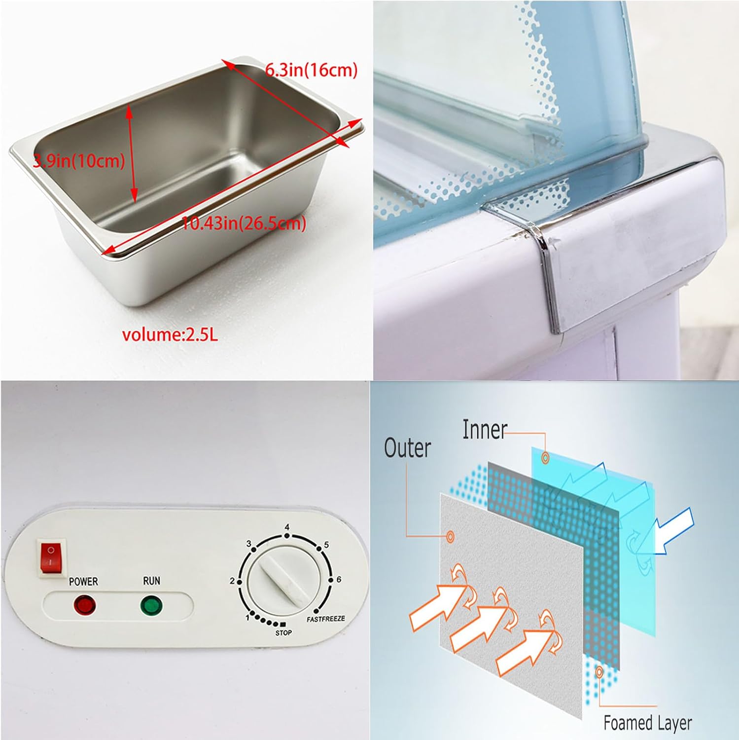12 PAN Commercial Ice Cream Display Freezer 220V Gelato Dipping Cabinet 3-Layer Tempered Glass Stainless Steel Body LED Light for Gelato Shops
