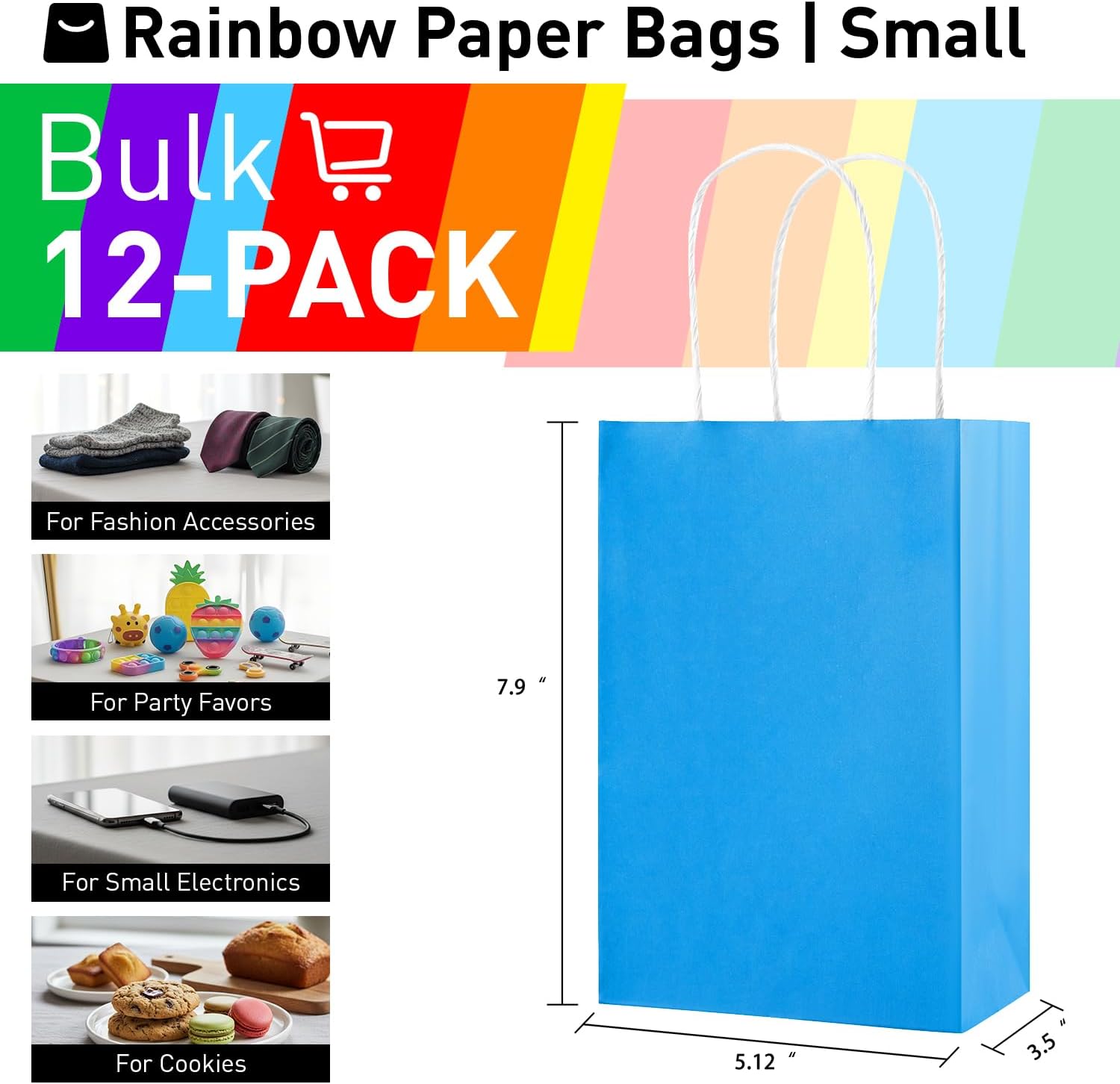 SUNCOLOR 12-Pack Rainbow Small Gift Bags with Handles – 8" Recyclable Goodie Bags for Party Favors, Birthdays & Celebrations - Image 2