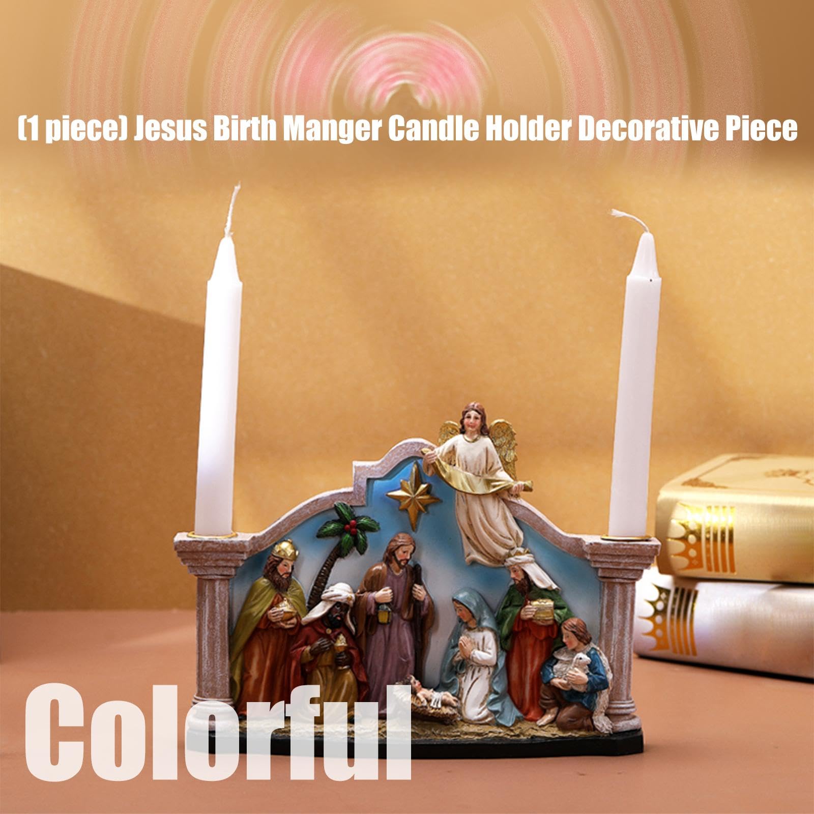 Soporte para belén con figuras de la Sagrada Familia Resina Decoraciones de Adviento de Navidad para vacaciones Regalos de mesa Santa Familia Cuna con Candelabro
