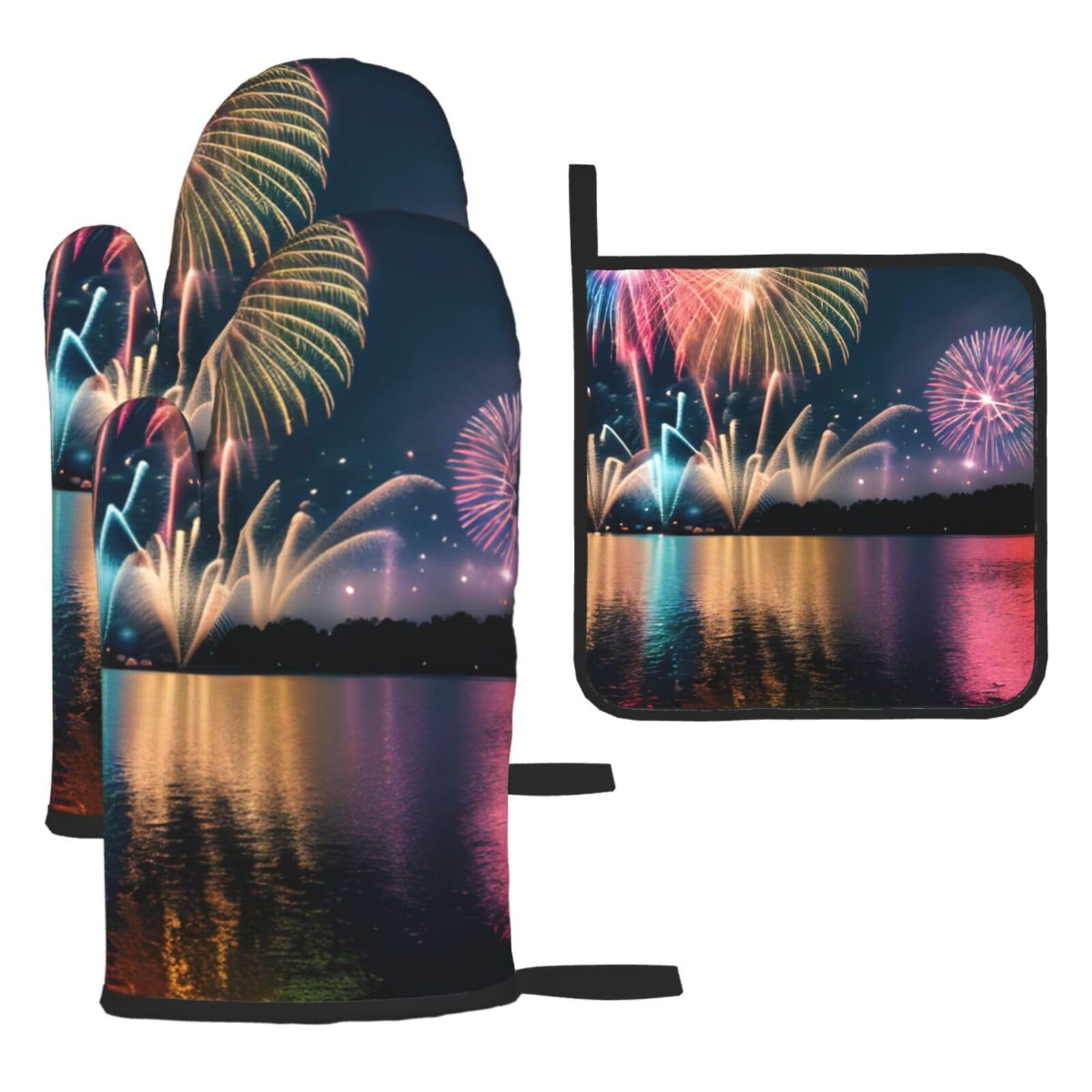 Fireworks Print Oven Mitts Kitchen Gloves Set Everyday Baking Grilling Microwaving Cooking Gift