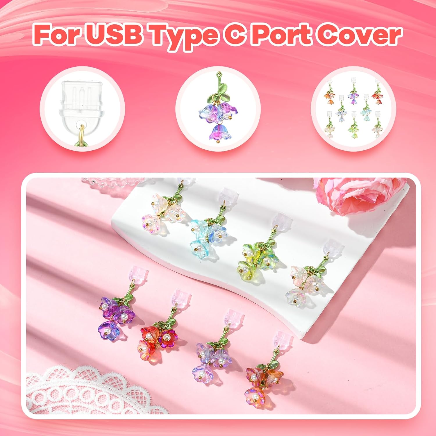 Dust Plug Charm Type C USB C Dust Plug with Flower Cherry Pendant Unique Charging Port Protector for Most Type C Phones Laptops E-Reader Accessories（Red