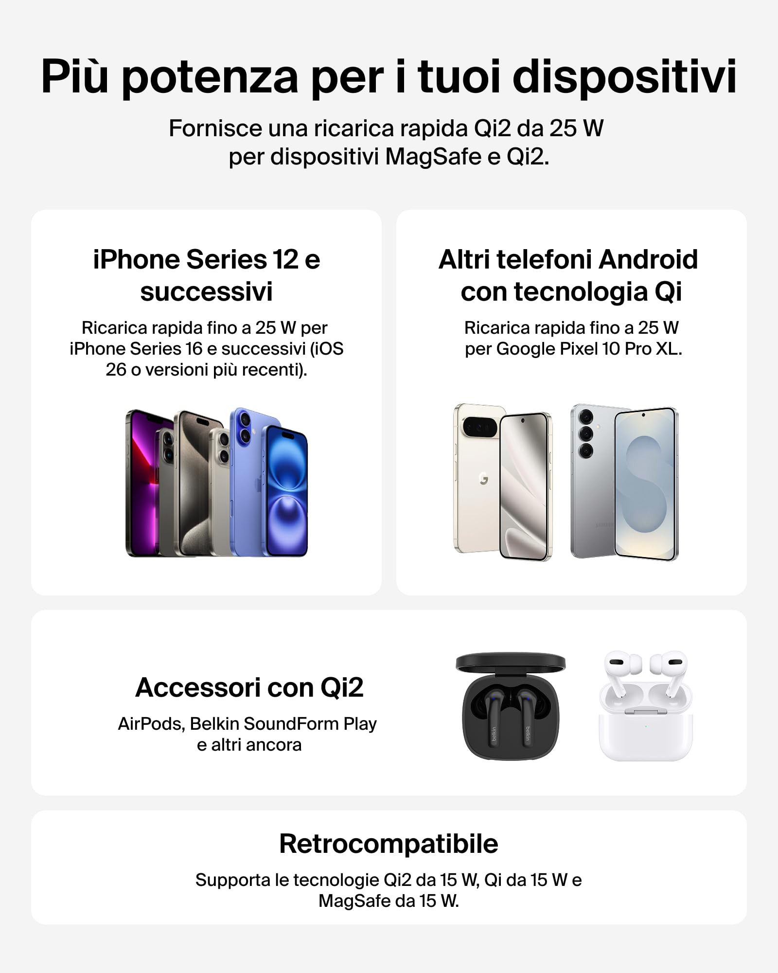 Belkin UltraCharge Chargeur Magnétique Qi2 25 W, Chargeur Sans Fil Rapide, MagSafe Avec Technologie De Refroidissement Passive, Support Pour L'iPhone 17 (Tous Modèles), Pixelsnap, AirPods Pro - Noir