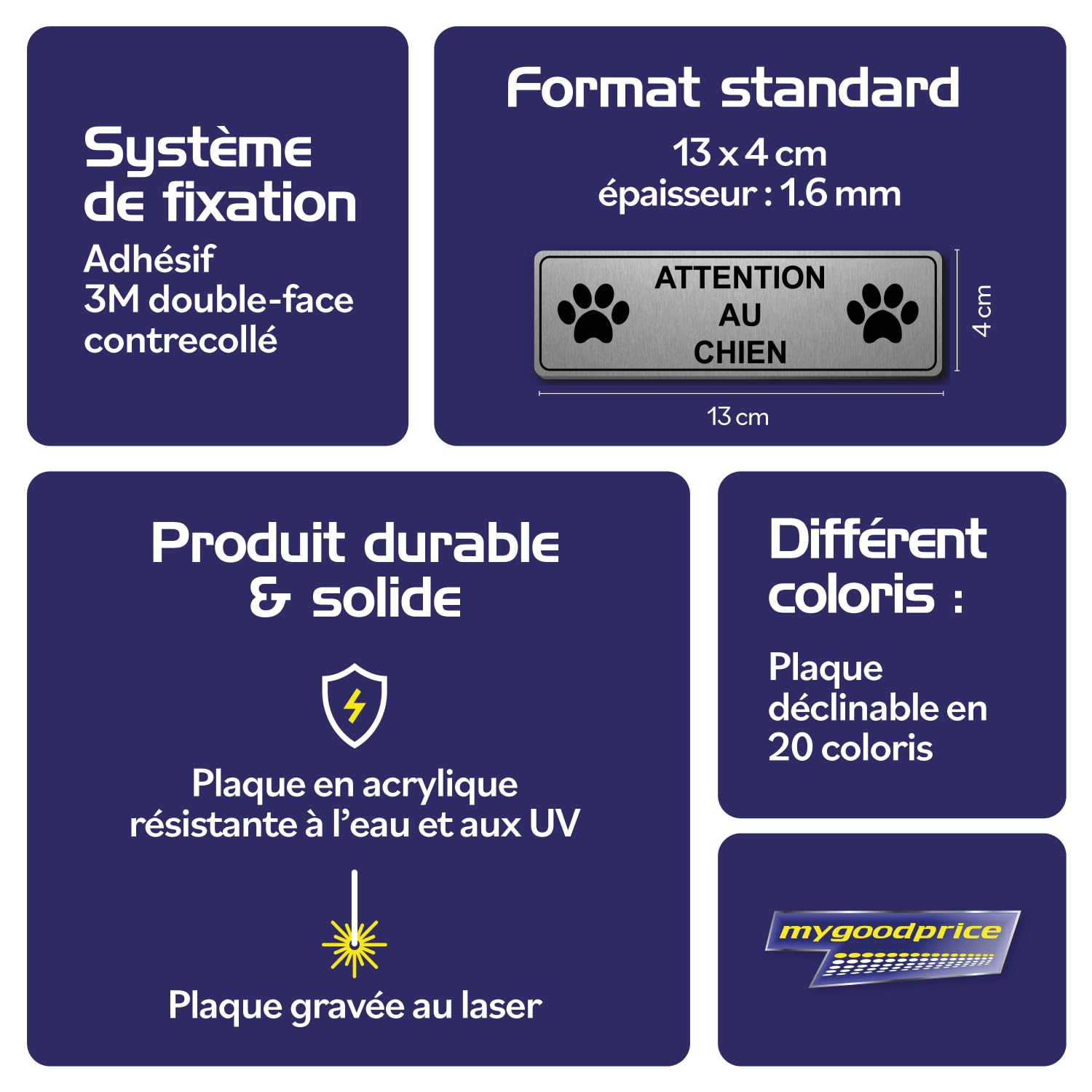 Plaque gravée personnalisée autocollante logo ATTENTION AU CHIEN + logo pattes de chien - 13x4 cm Alu Brossée