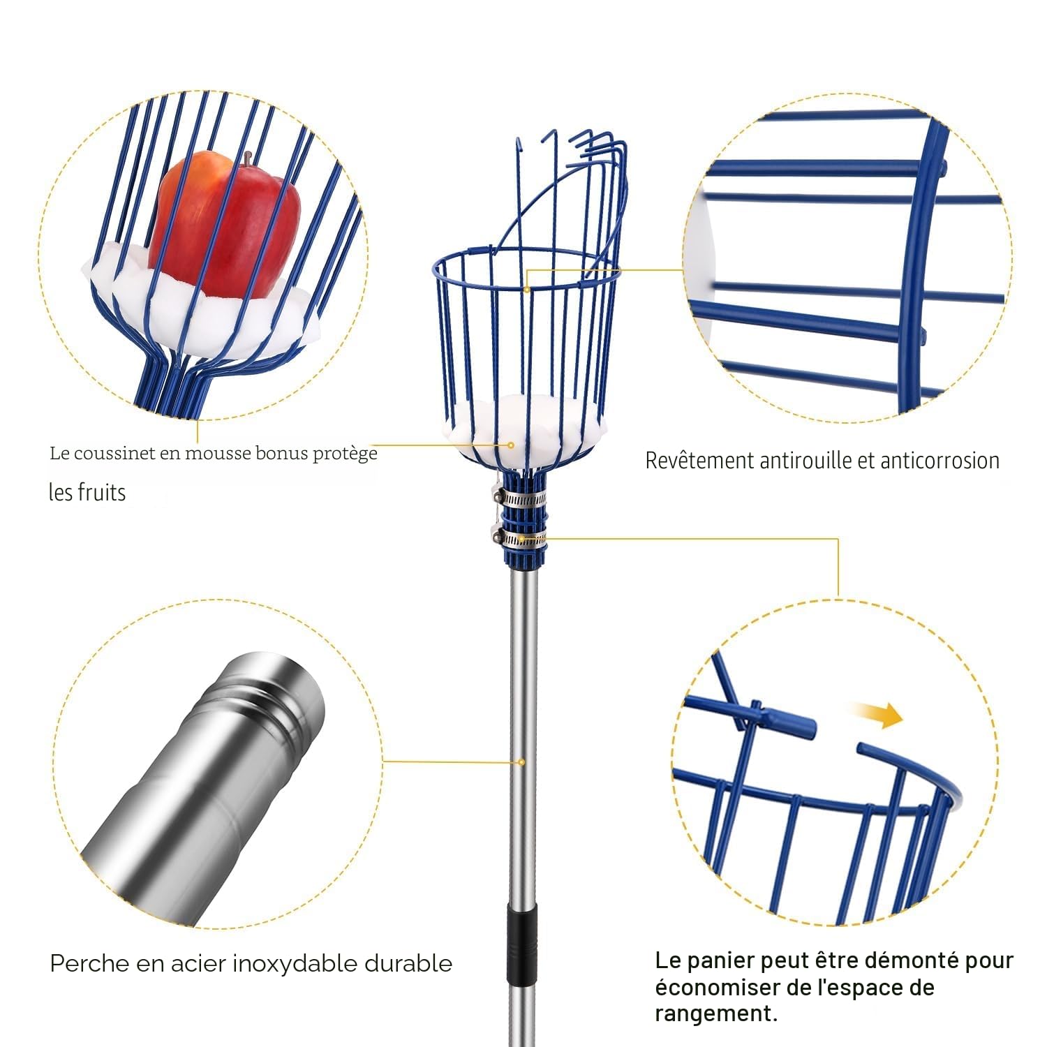 MaidMAX Cueille-Fruits avec Corbeille et Manche Télescopique 4 Mètres, Pince avec Panier en Acier Inoxydable pour Fruits Pomme Orange, Légèrement Stable et Peu Encombrante