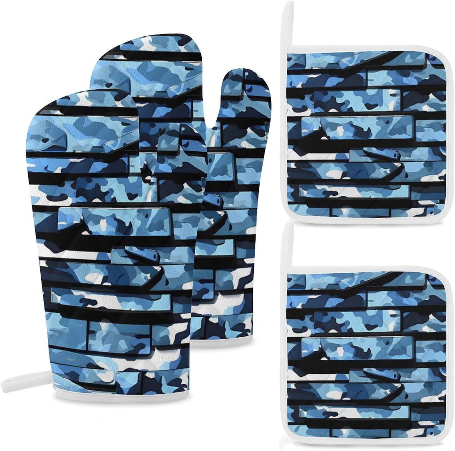 Oven Mitts Pot Holders Kitchen Blue Camouflage Heat Resistant Oven Glove for Baking and Cooking