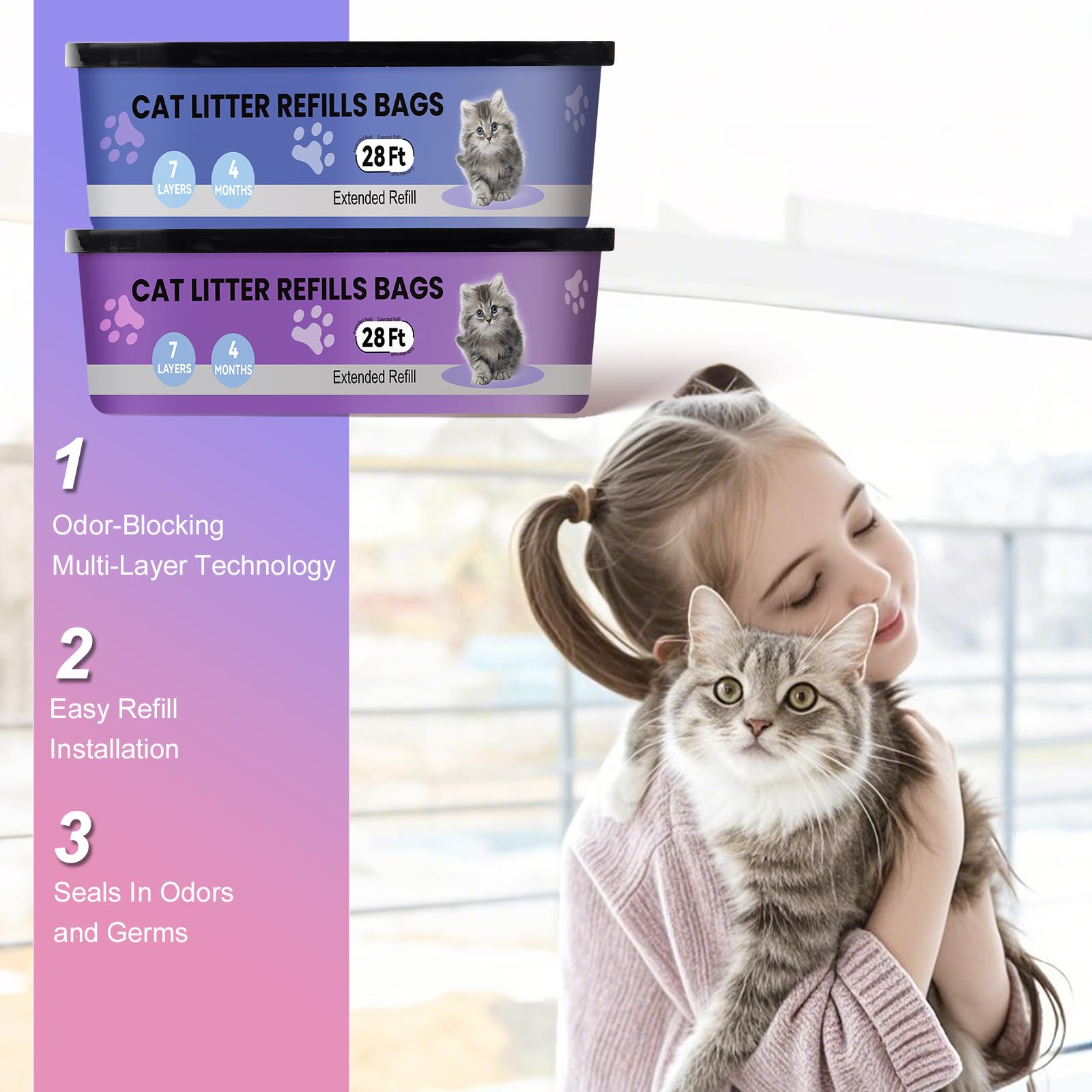 compatibles Litter Genie Standard, Plus,XL,Style para Cubos de Arena para Gatos, Bolsas de Recambio para Arena para Gatos, Control Superior de olores,8.5M, Paquete de 2 Piezas