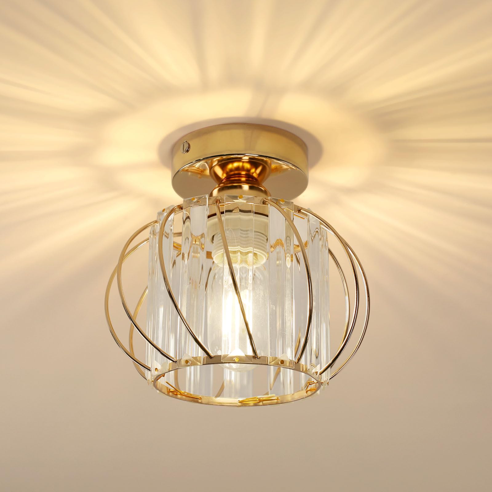 Plafonnier en Cristal Moderne E27 Mini Lustre Semi-encastré, Lampe Plafond pour Salon Chambre Entrée Couloir (Doré)