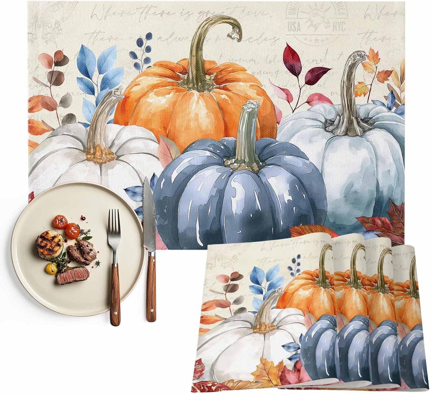 Fall Placemats Set of 6 Autumn Pumpkin Placemats for Dining Table Fall Leaves Placemats Thanksgiving Autumn Harvest Holiday Table Deoration Non-Slip Table Mats