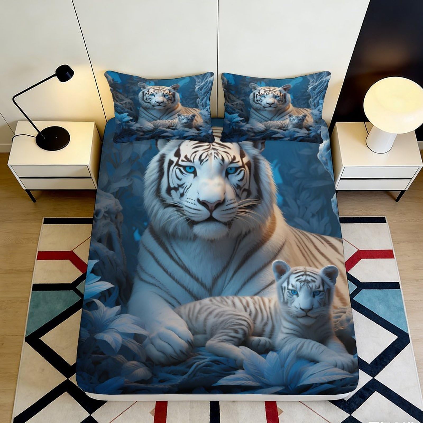 3D Printed White Tiger Forest Fitted Sheet Microfiber Soft Blue Jungle Bed Cover for Bedroom Dorm Guest Room 180x200x25cm