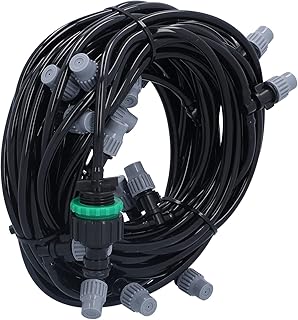 Yosoo Sistema de resfriamento de nebulização, sistema de tubo de irrigação de 15 m, sistema de tubo de irrigação de 4/7 com 20 cabeças de pulverizador de névoa para jardim, terraço