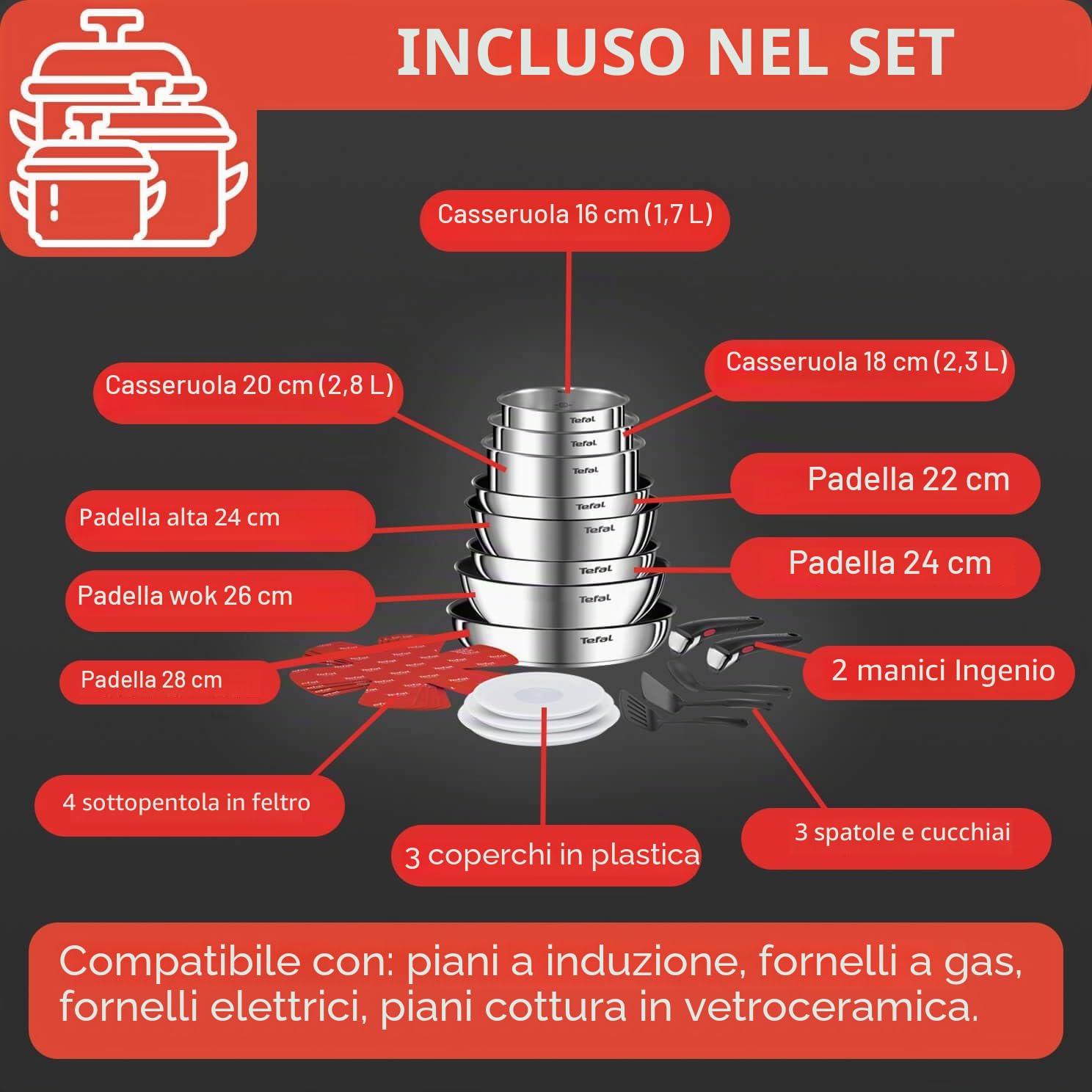 Tefal Ingenio - Set di pentole 20 padelle 2 maniglie rimovibili, induzione, rivestimento antiaderente, impilabile, compatibile con lavastoviglie, Emotion L897SK04