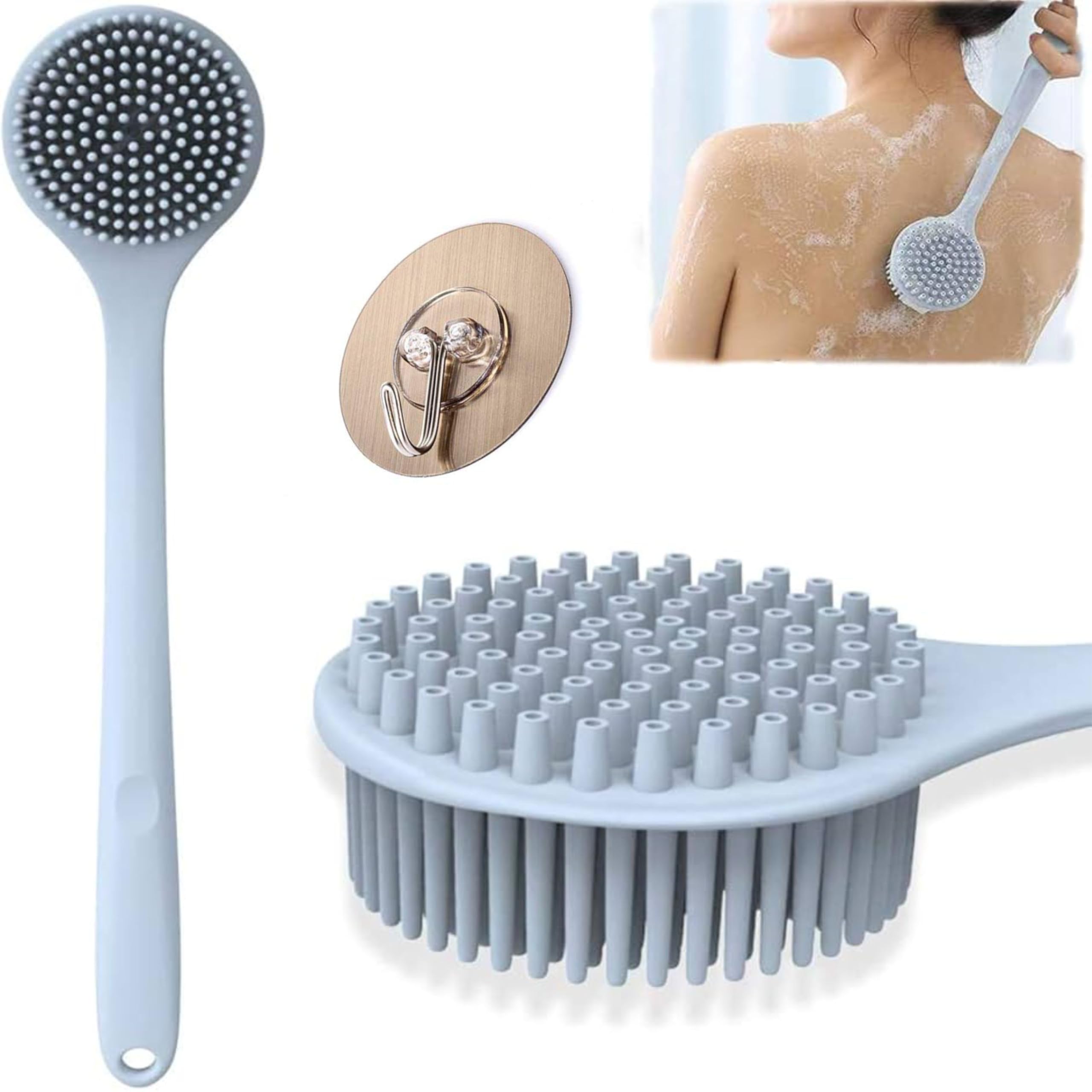 Bathing Brush Practical Back Cleaning Scrubber Back Rubbing Silicone Body Double Sided Long Handle Anti-slip Shower Bath Brush 100% BPA-Free, Hypoallergenic, Eco-Friendly