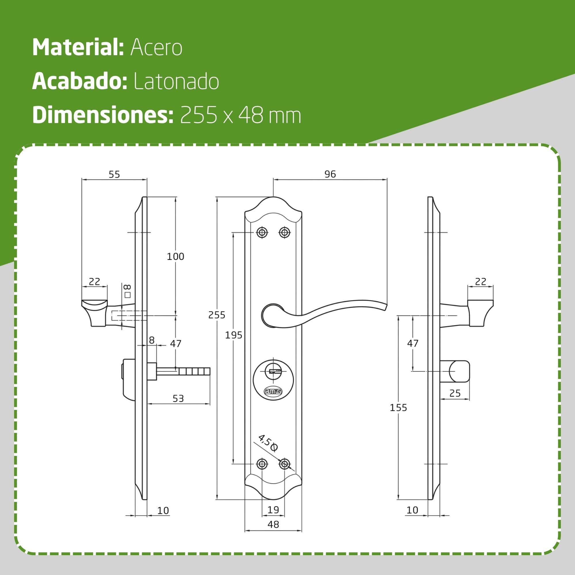 Amig - Manilla para puertas Derecha Mod. ALFA con Muletilla Mod. 46 - Acero Latonado - 255 x 48 mm - Cuadradillo de 8mm - Incl. 2 llaves - Para puertas de 35 a 45 mm - Dorado