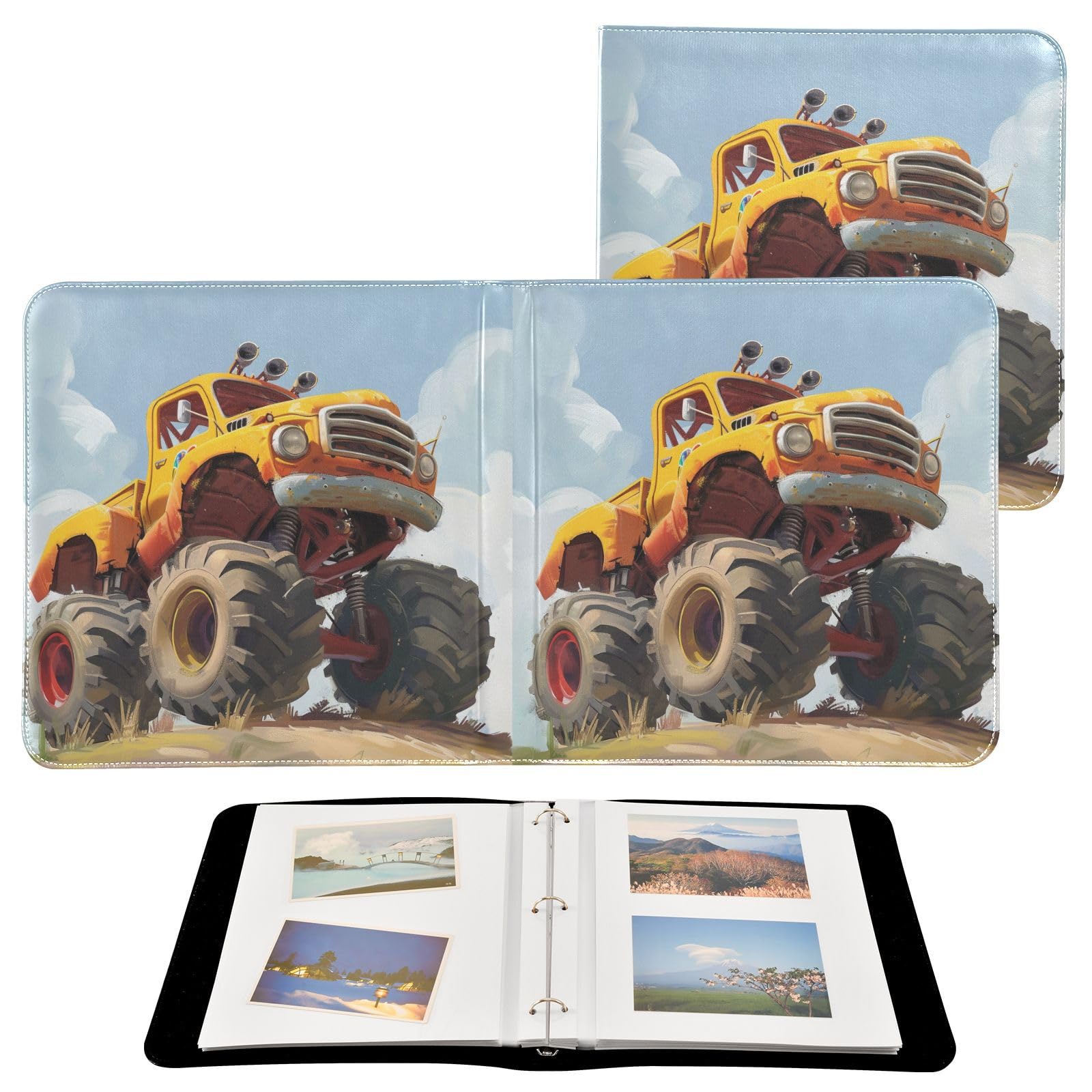 JIPONI Cartoon Monster Trucks Yellow Large Photo Album, DIY Leather Cover Scrapbook Albums for 4x6 5x7 6x8 Pictures, Self Adhesive Memory Book for Wedding, Baby, Family