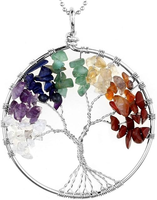 Jovivi 7 Chakra Gemstone Tree of Life Natural Tumbled Gemstone Wire Wrapped Crystal Pendant Necklace for Women Jewellery Gifts