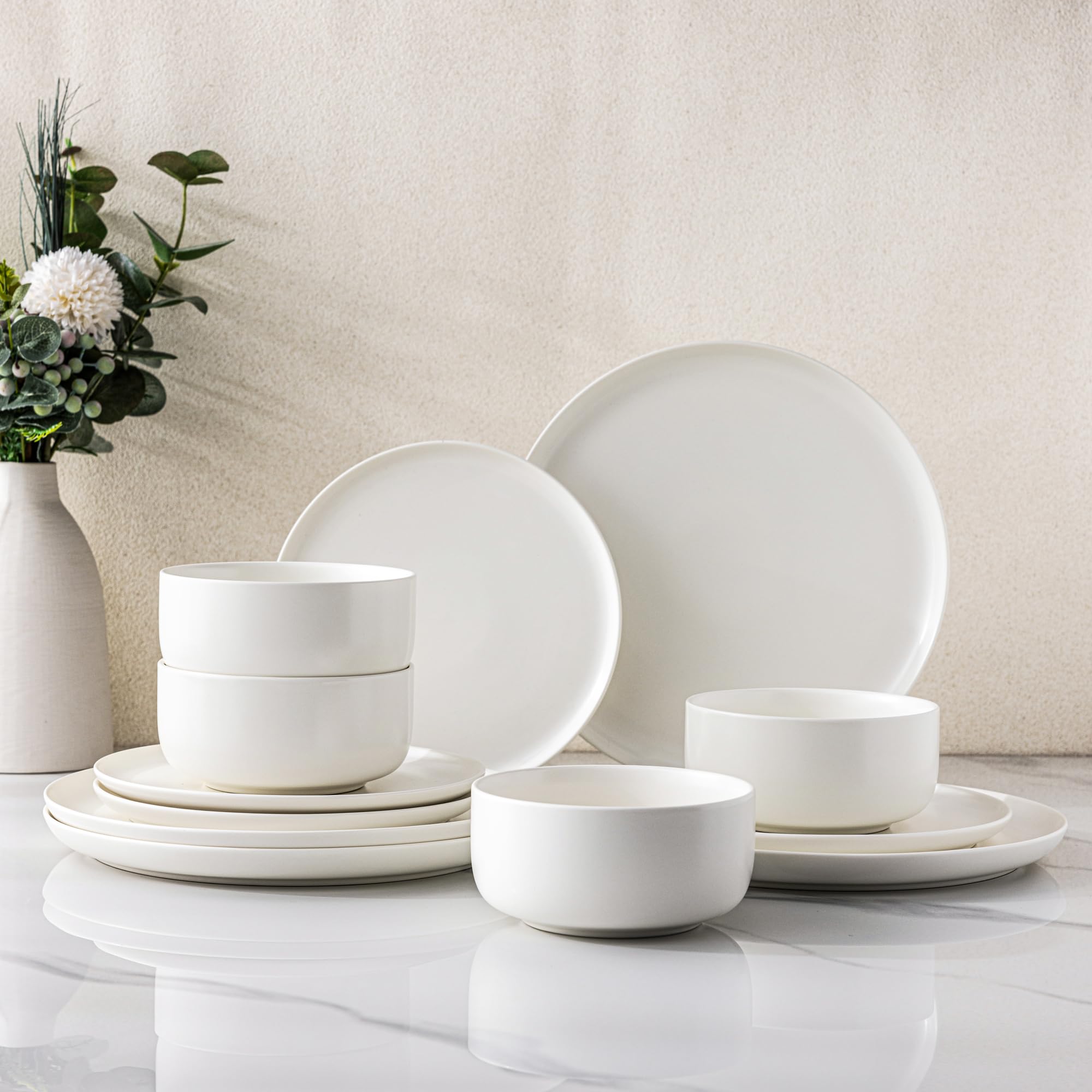 LERATIO Stoneware Dinnerware Sets for 4,Handcarft Ceramic Plates and Bowls Sets,Chip and Scratch Resistant Dishes, Dishwasher & Microwave Safe, Oven safe,Reactive Glaze-White