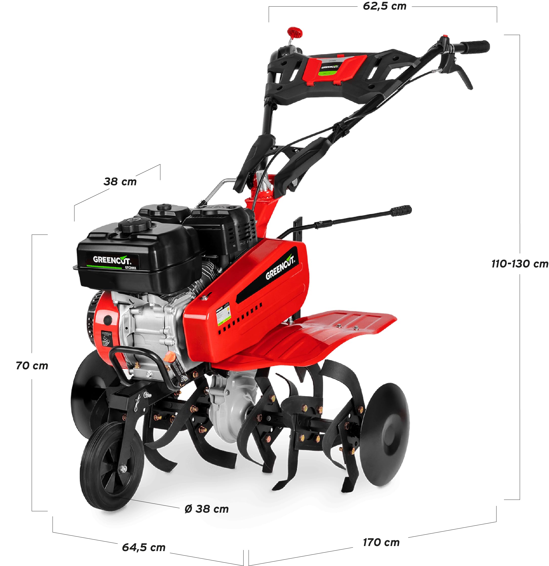 GREENCUT GTC300X - Motoazada de gasolina con motor de 4 tiempos 212cc y 7cv, ancho de trabajo 95cm, 3marchas, fresas de hierro templado intercambiables