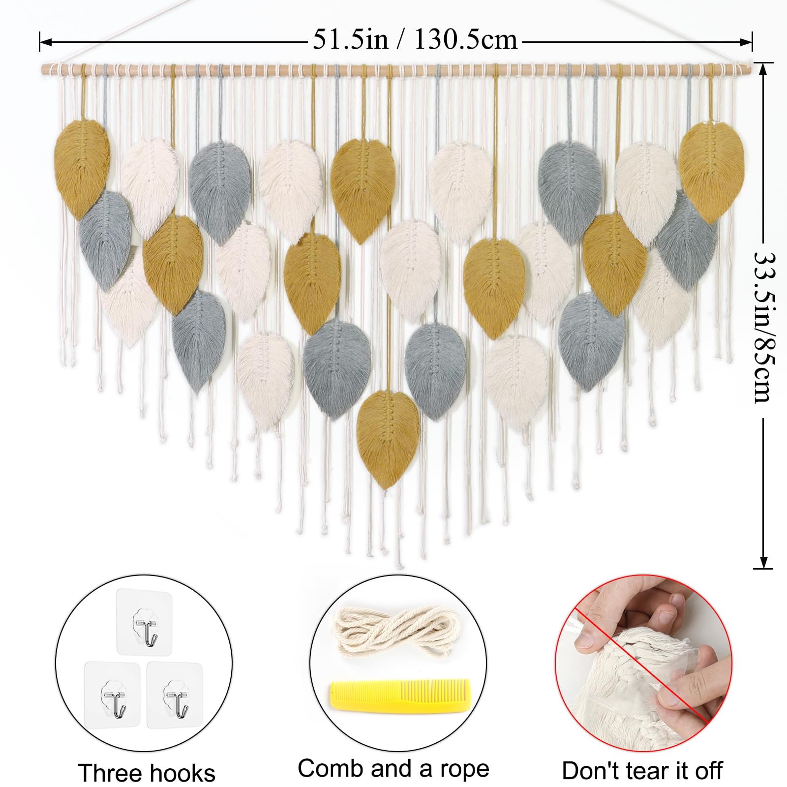 Weldomcor Macrame da Parete in Macramè, Decorazione Bohémien, Decorazione per la Casa, Camera da Letto, 130 x 85 cm（Kaki, Grigio）