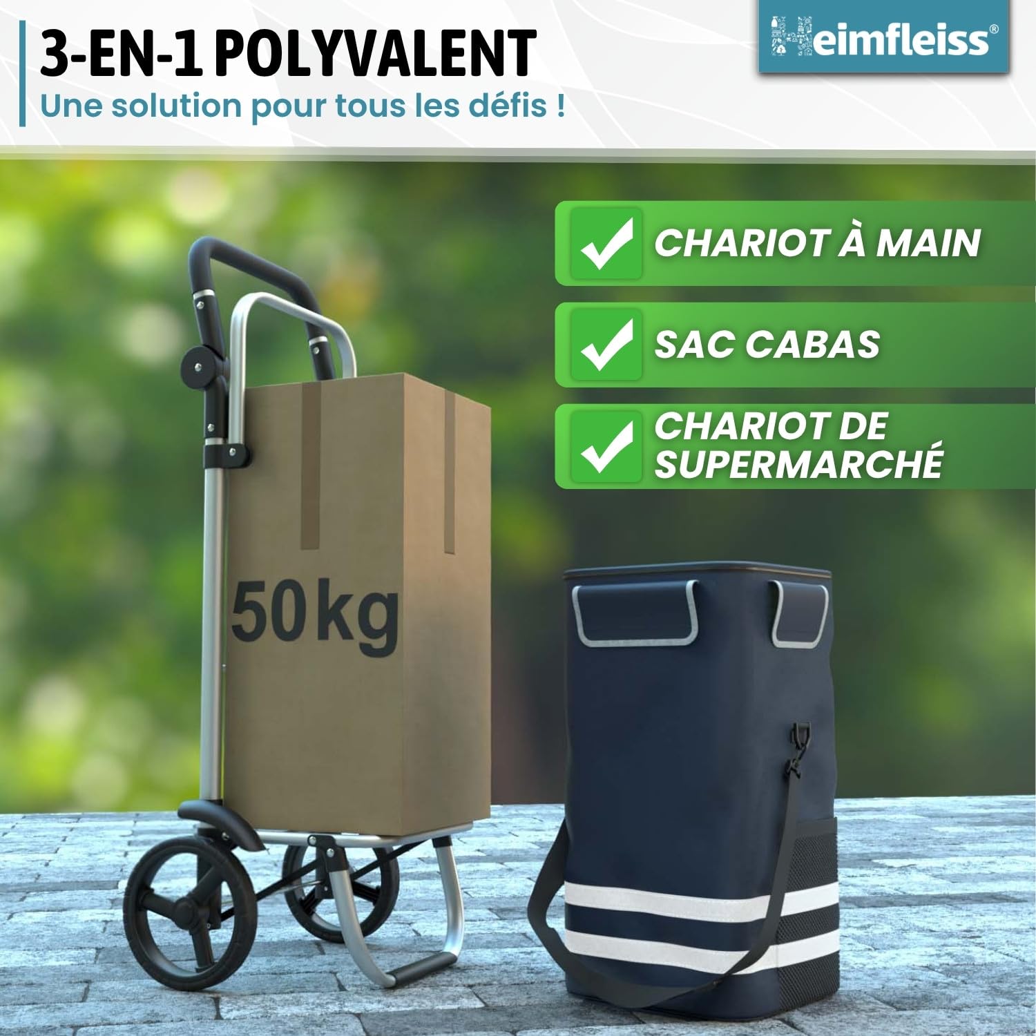 Heimfleiss® Chariot de Courses Pliable 56L | Caddie de Courses Pliant avec 50kg de Charge Utile | Sac de Courses Léger à roulettes | Chariot de Shopping XL avec Compartiment Isotherme | Bleu