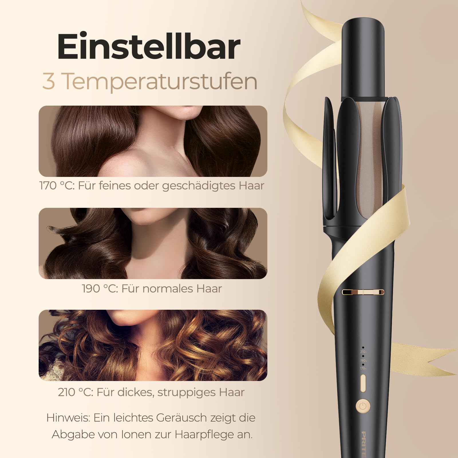 PRITECH Automatischer Lockenstab Welleneisen für Haare - 32mm Beach Waves Lockenstab 3 Temperaturen 170-210℃ Schwarzes Gold Welleneisen für Damen