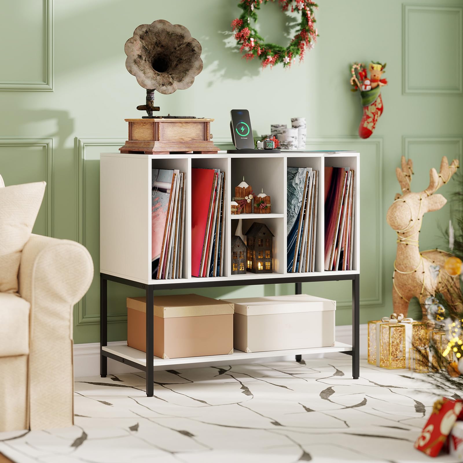 RELAX4LIFE Giradischi Vinili Stand Tavolino con Stazione di Ricarica, Espositore in Legno per Dischi 150, Scaffale Inferiore, Supporto per Giradischi, Ideale per Soggiorno e Sala Musica (Bianco)