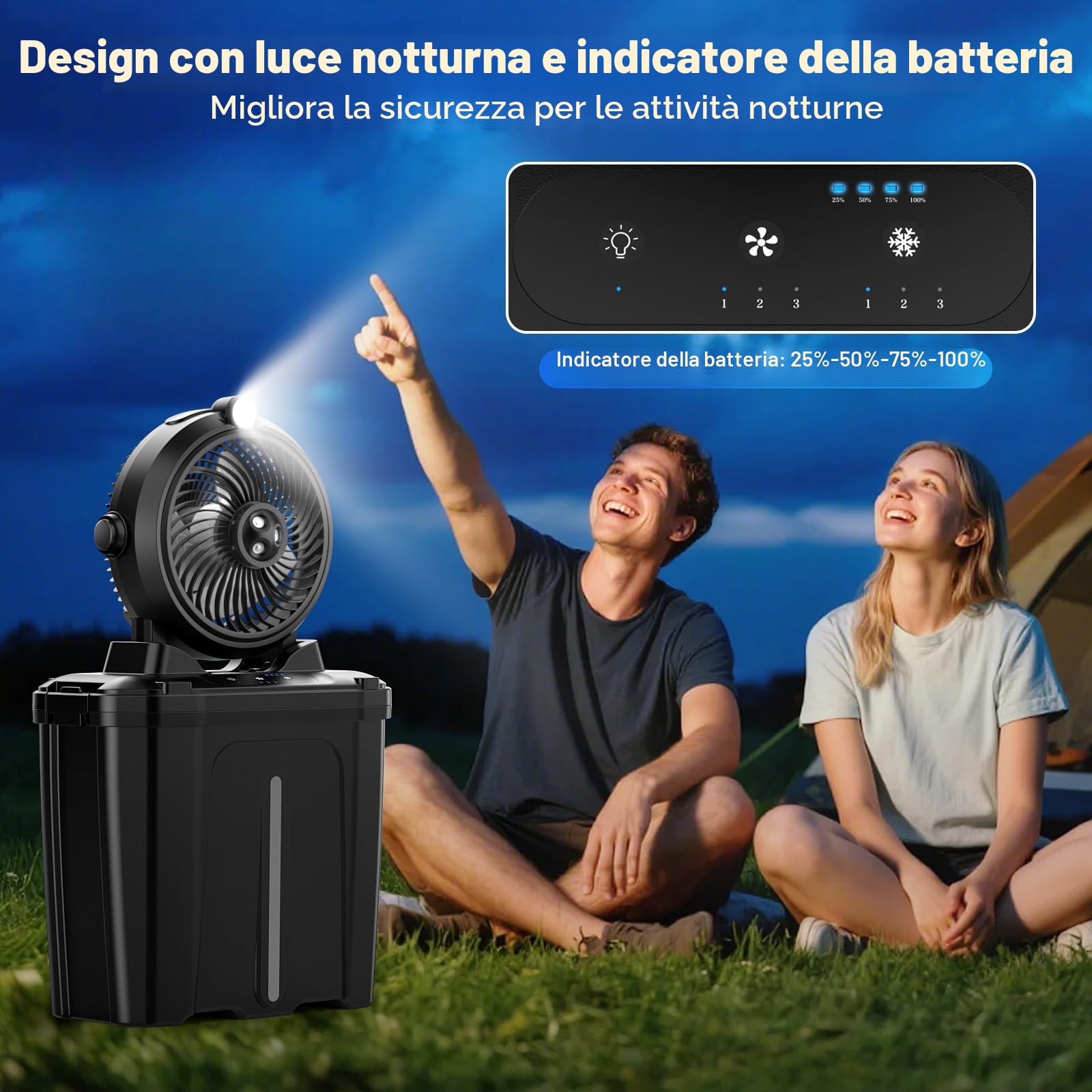 Ventilatore da Campeggio con Secchio da 11 Litri e Luce a LED, 20000mAh Batteria Ricaricabile Ventilatore Nebulizzatore, 3 Velocità, 3 Modalità di Nebulizzazione, Campeggio/Pesca/Viaggi